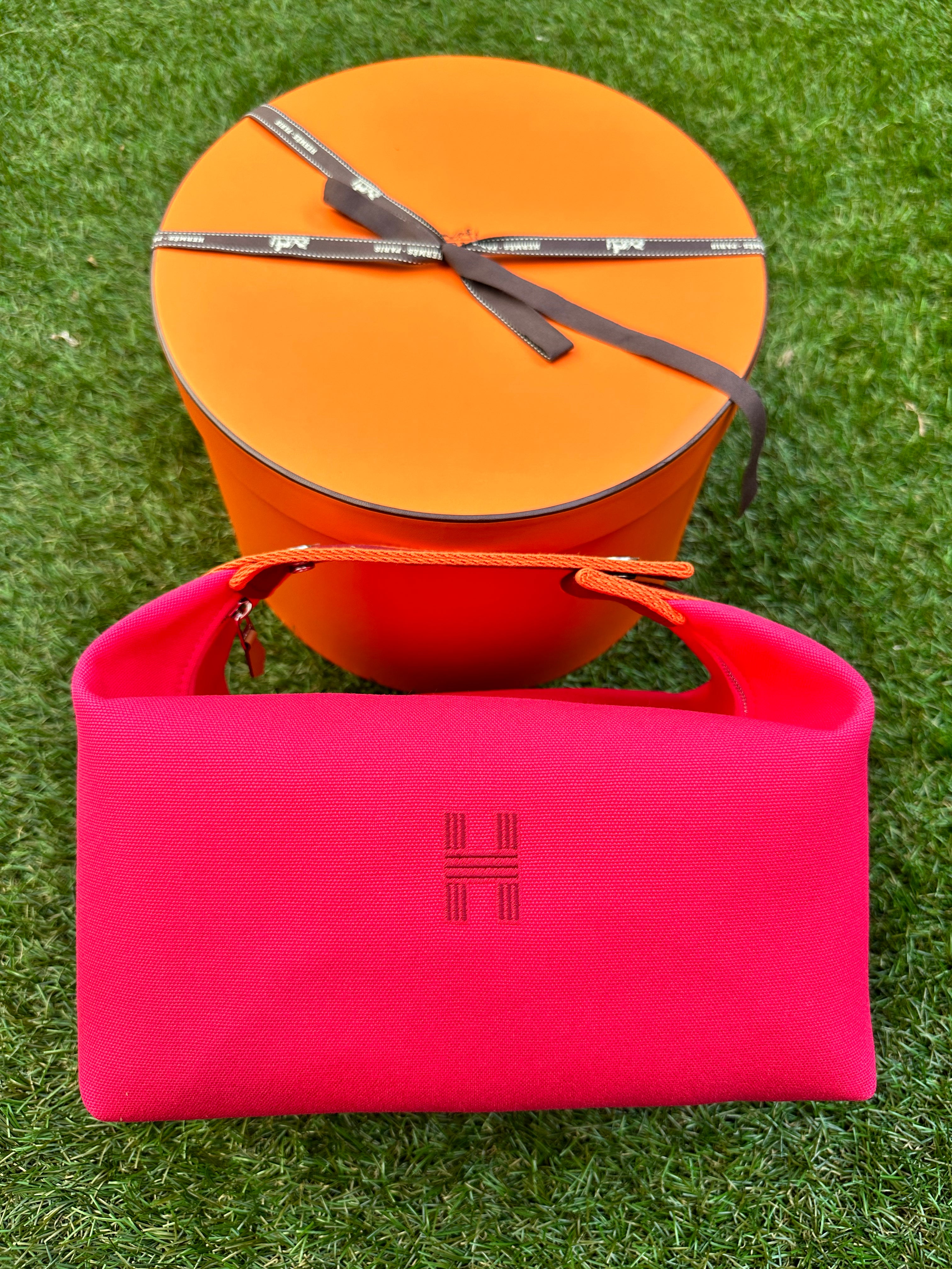Hermes Brid A Black PM Pouch Hibiscus Pink Cotton Zipper Toiletry Bag Unisex