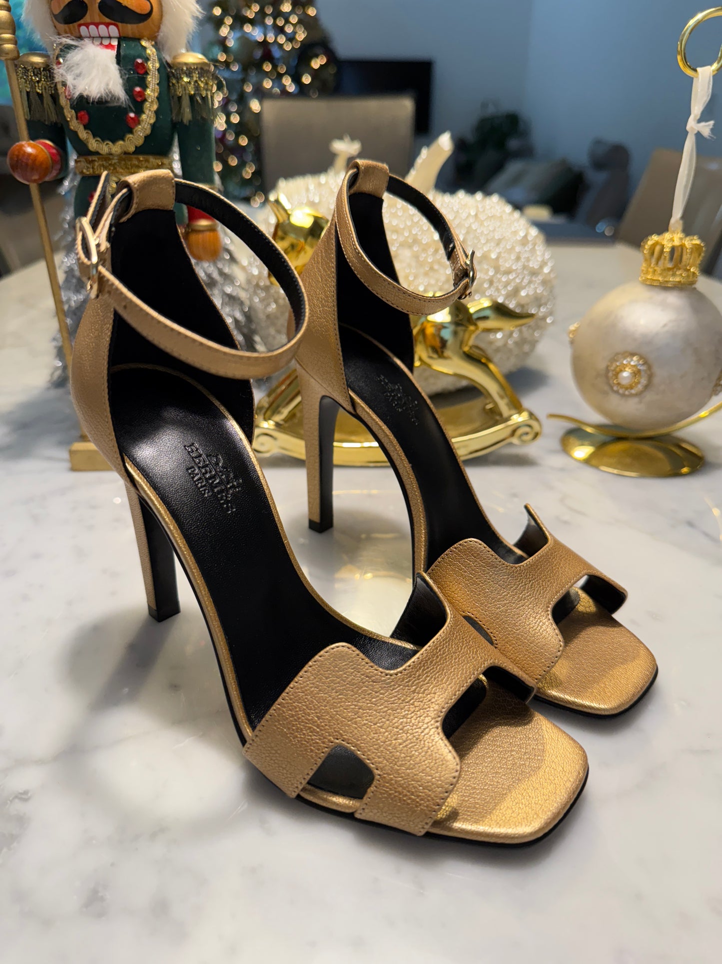 Hermes Joy 105 Dore Gold Golden Goatskin Metallic Ankle Strap Sandal Heels