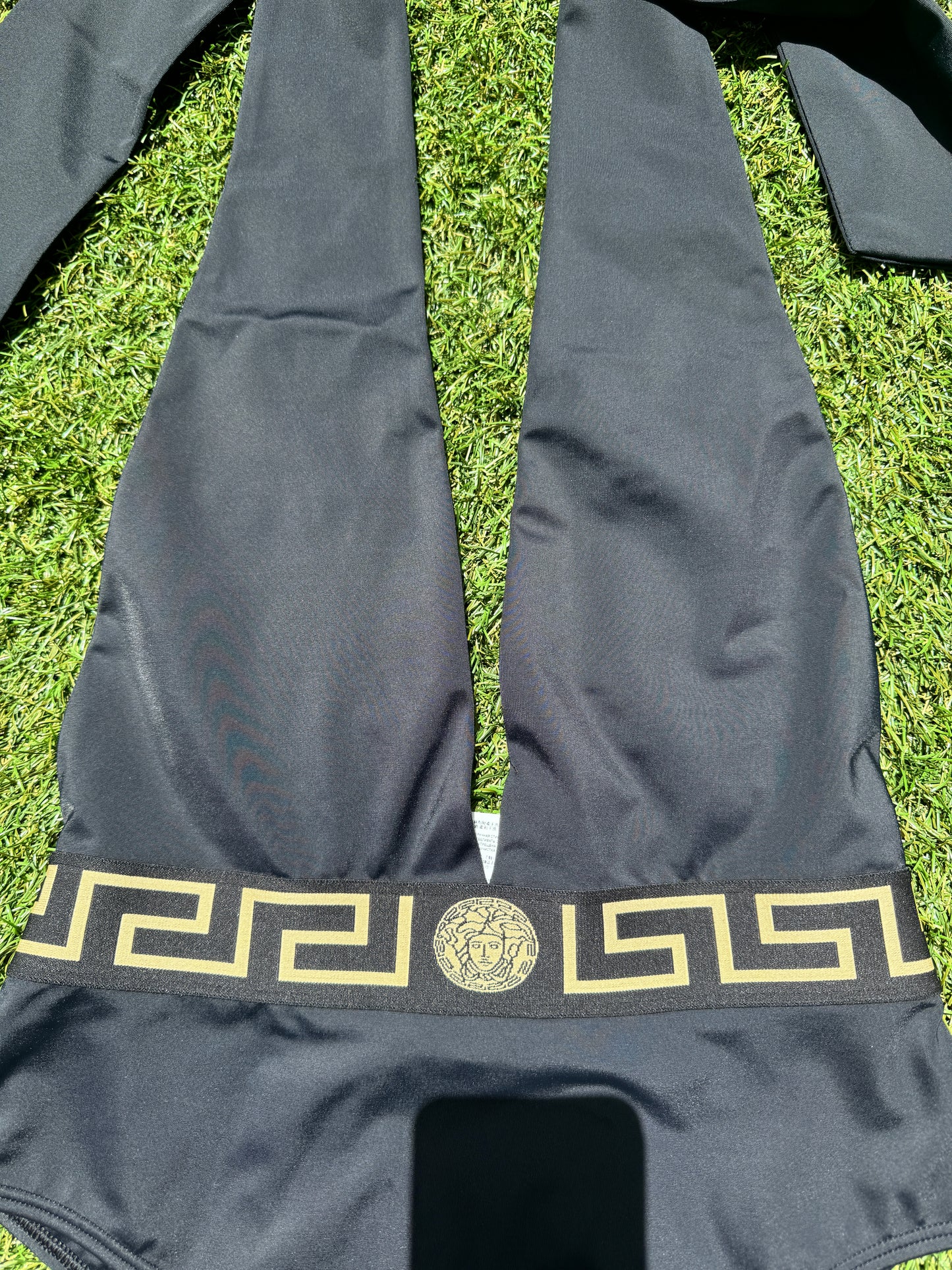 Versace Greca Border Halterneck Black Nero Gold Plunge Open One Piece Swimsuit