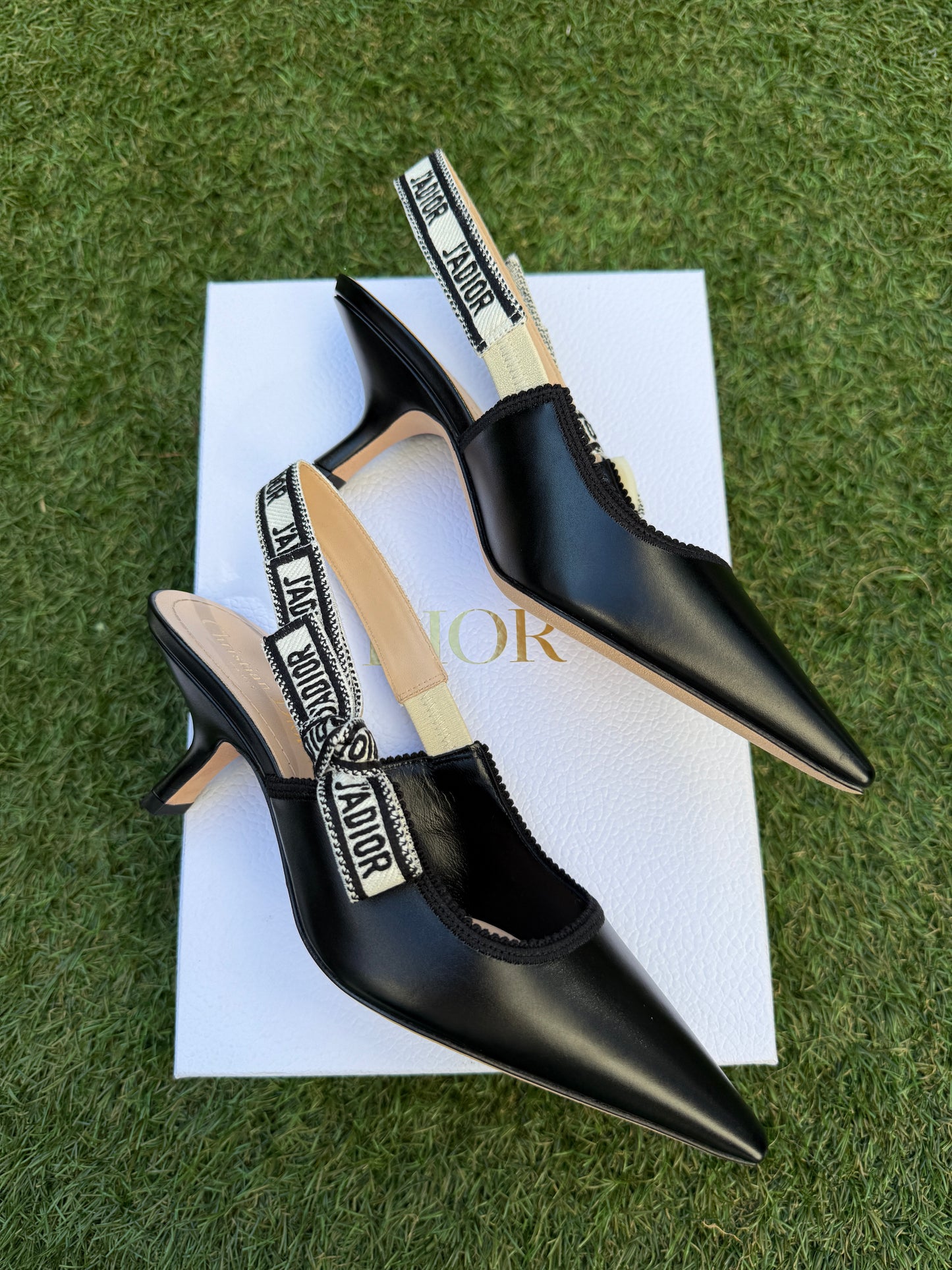 CHRISTIAN DIOR J'ADIOR BLACK CALFSKIN LEATHER SHOES SLINGBACKS KITTEN HEEL