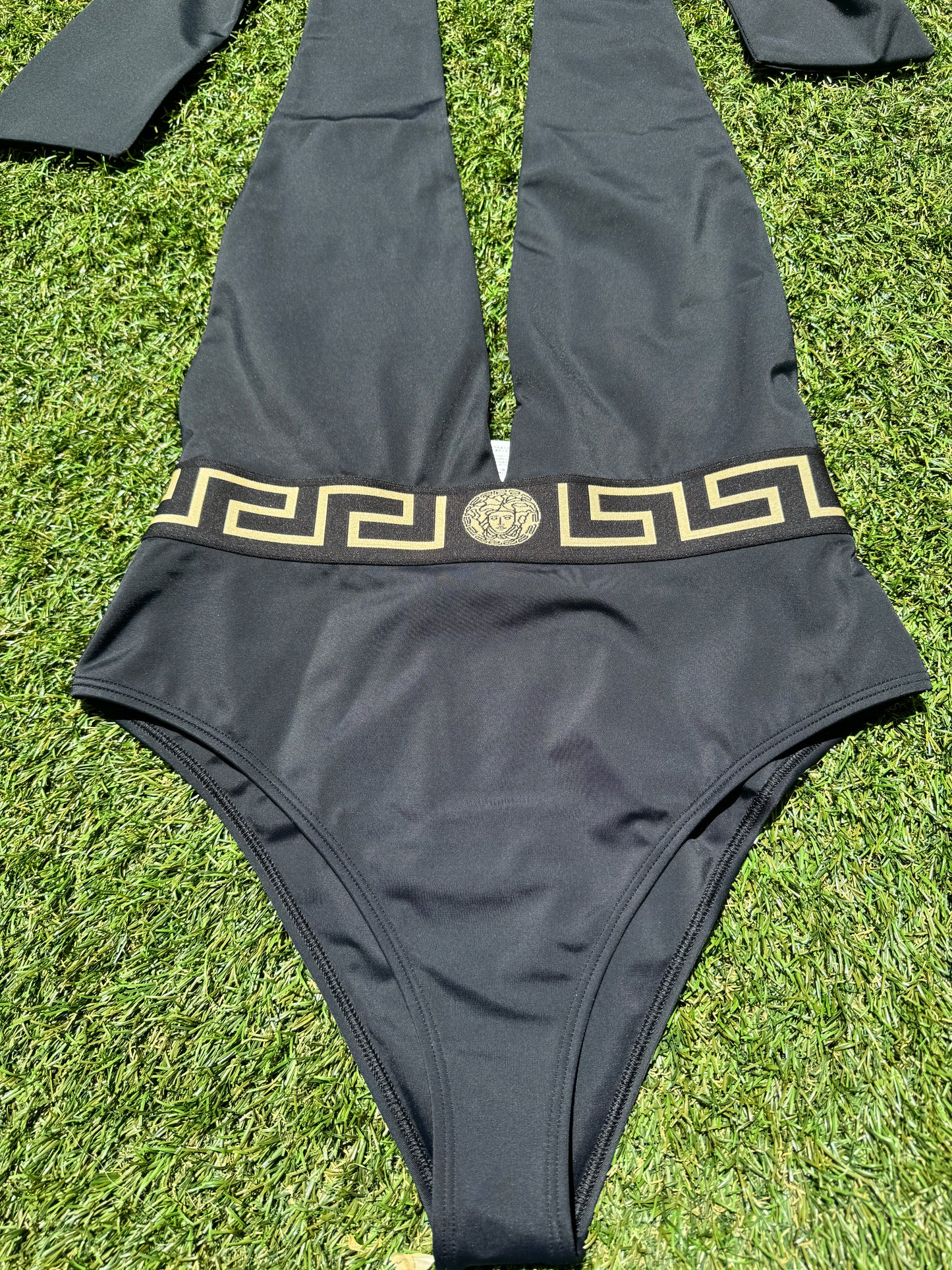 Versace Greca Border Halterneck Black Nero Gold Plunge Open One Piece Swimsuit