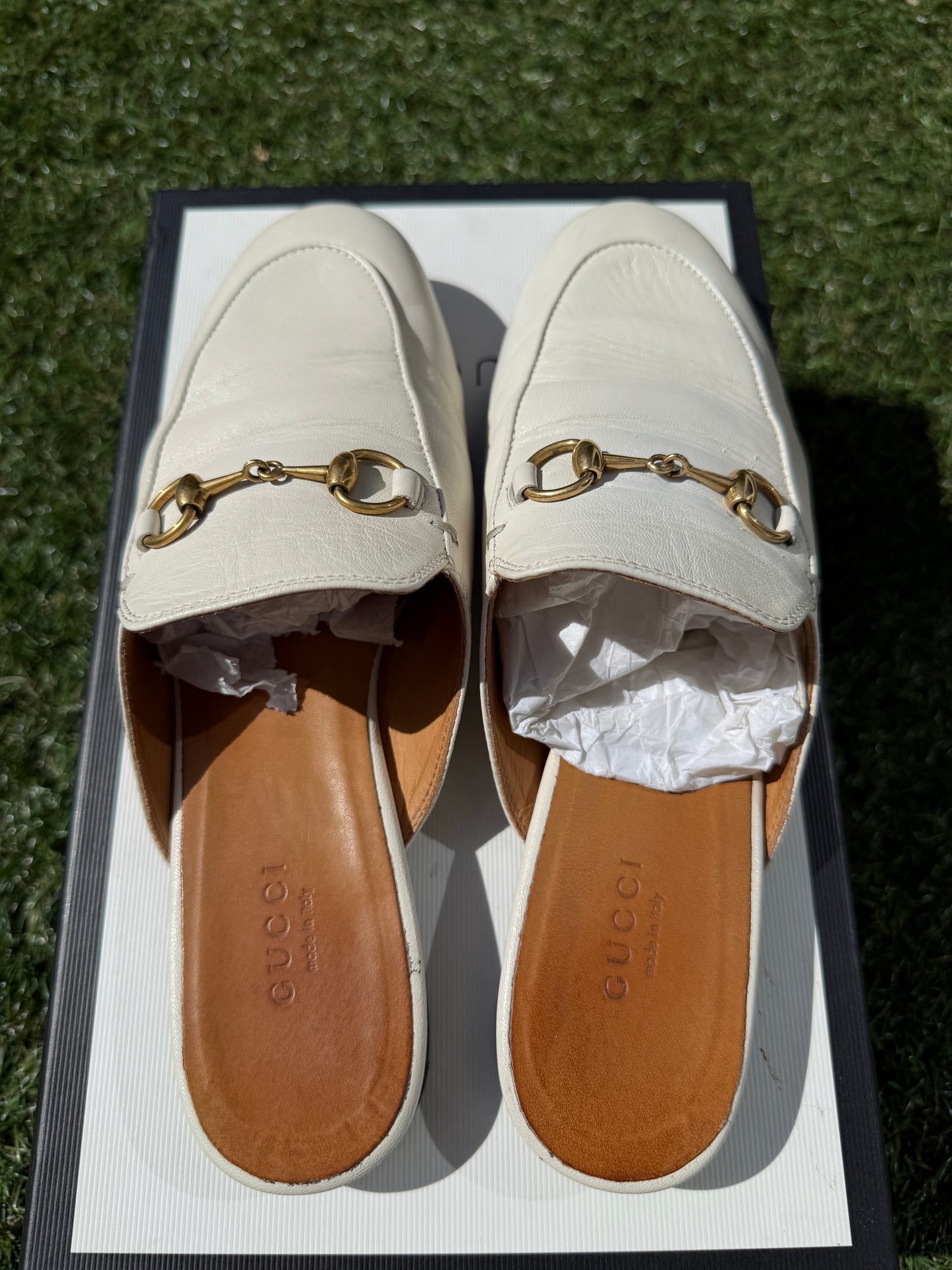 Gucci Princetown Horsebit Logo White Ivory Leather Slippers Mules Slides Pre-Owned