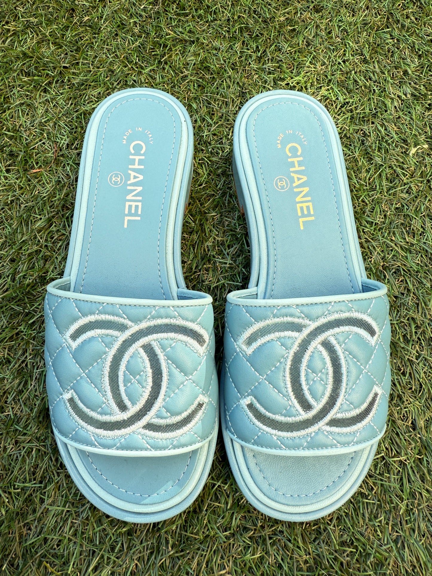 CHANEL CC LOGO BLUE MESH LIGHT TEAL FLAT SLIDES SANDALS MULES