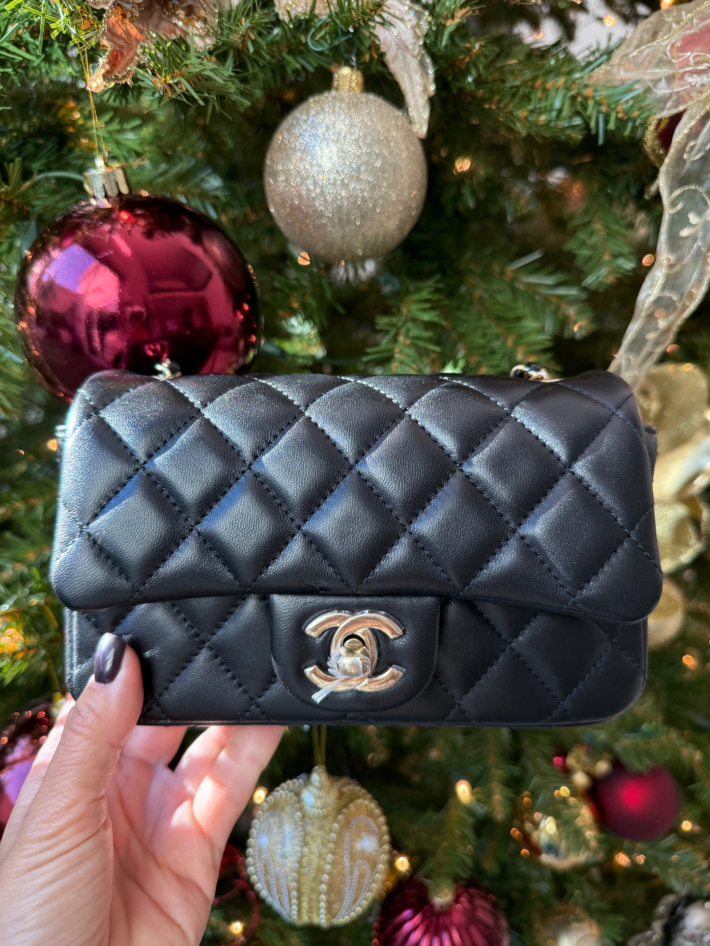 Chanel 2024 Black Lambskin Quilted Extra Mini Flap Champagne HW Chain Bag Purse Sample