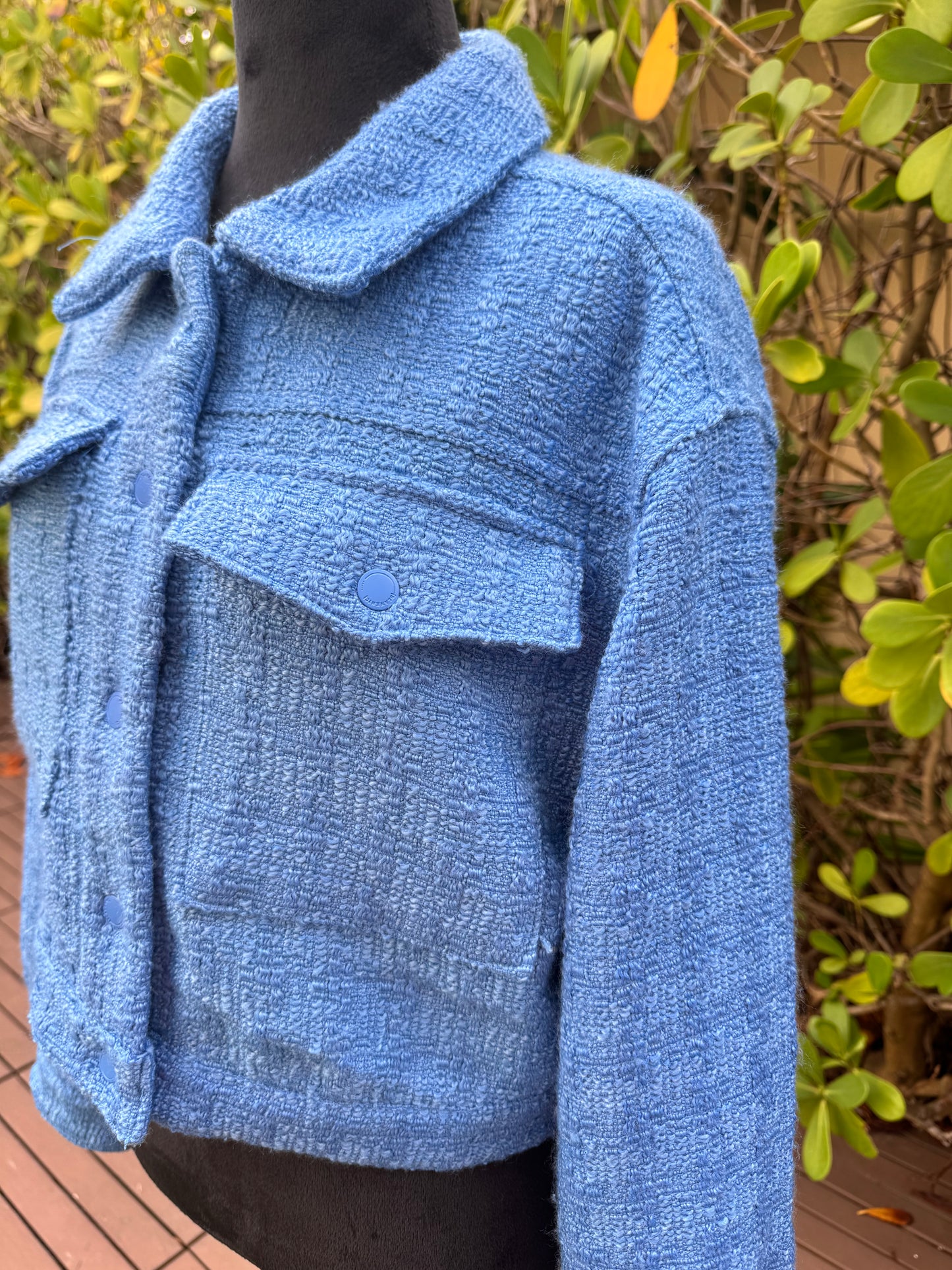 BLANKNYC Blank NYC Bright Blue Tweed Cropped Jacket Pockets