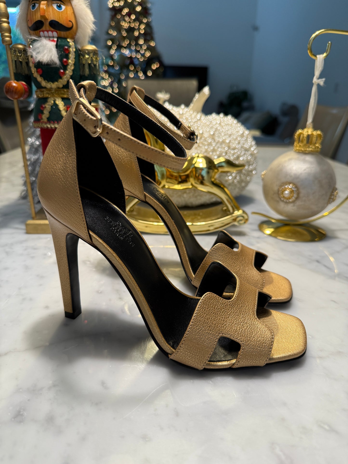 Hermes Joy 105 Dore Gold Golden Goatskin Metallic Ankle Strap Sandal Heels