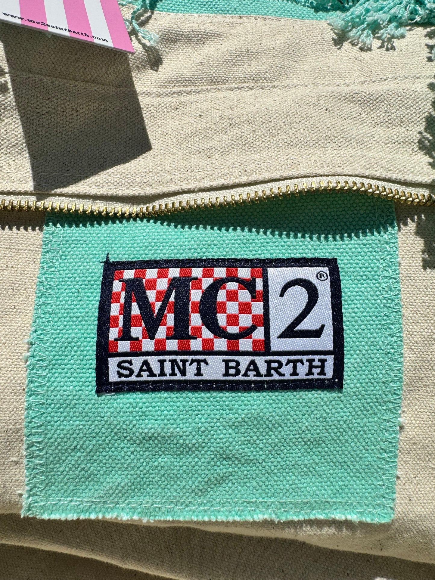 MC2 Saint Barth Vanity Patch Canvas Embossed Light Blue Pink Beach Tote Bag