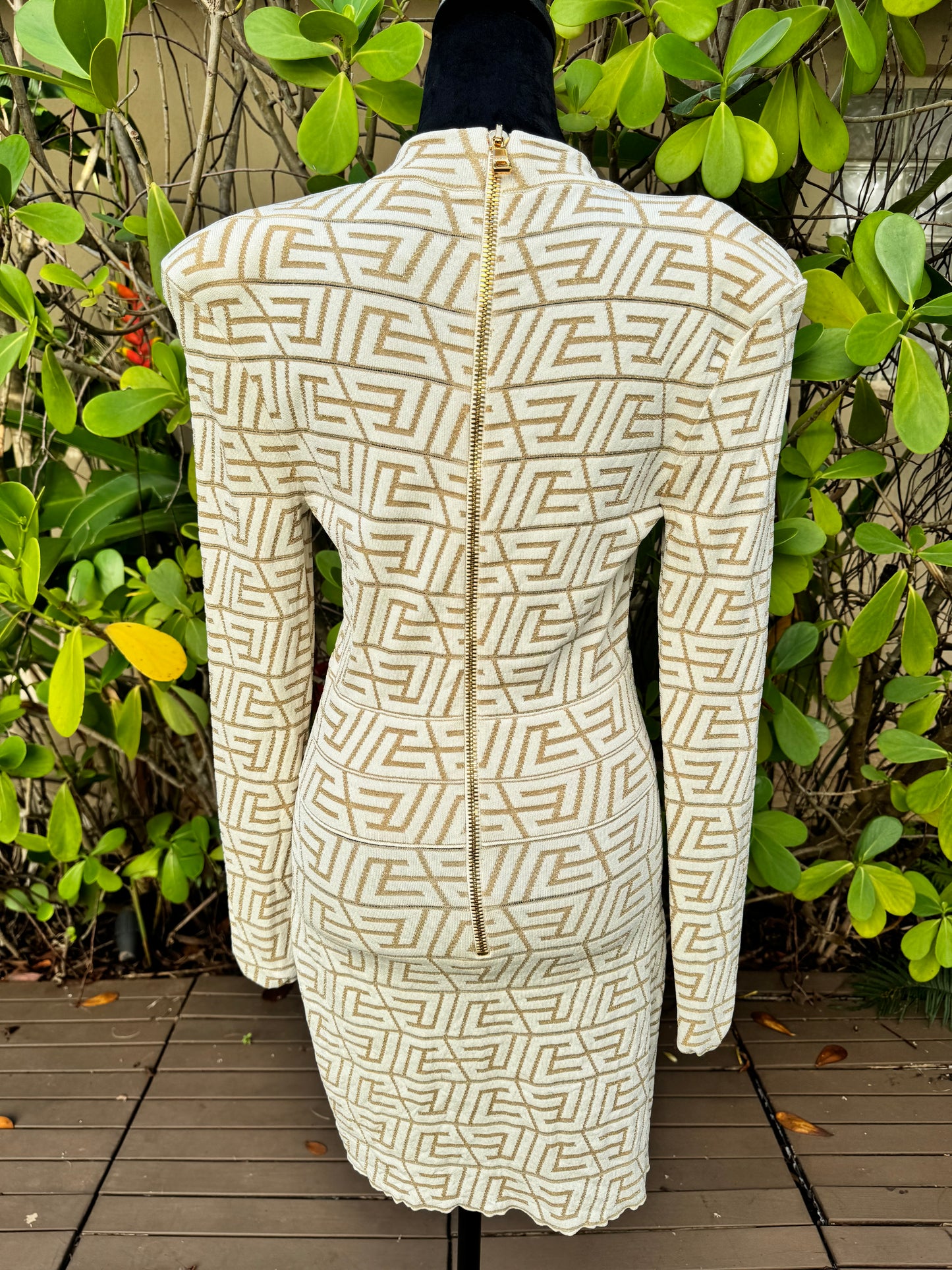 Balmain Natural Beige Gold V-neck Monogram Knitted Jacquard Mini Dress Pre-Owned