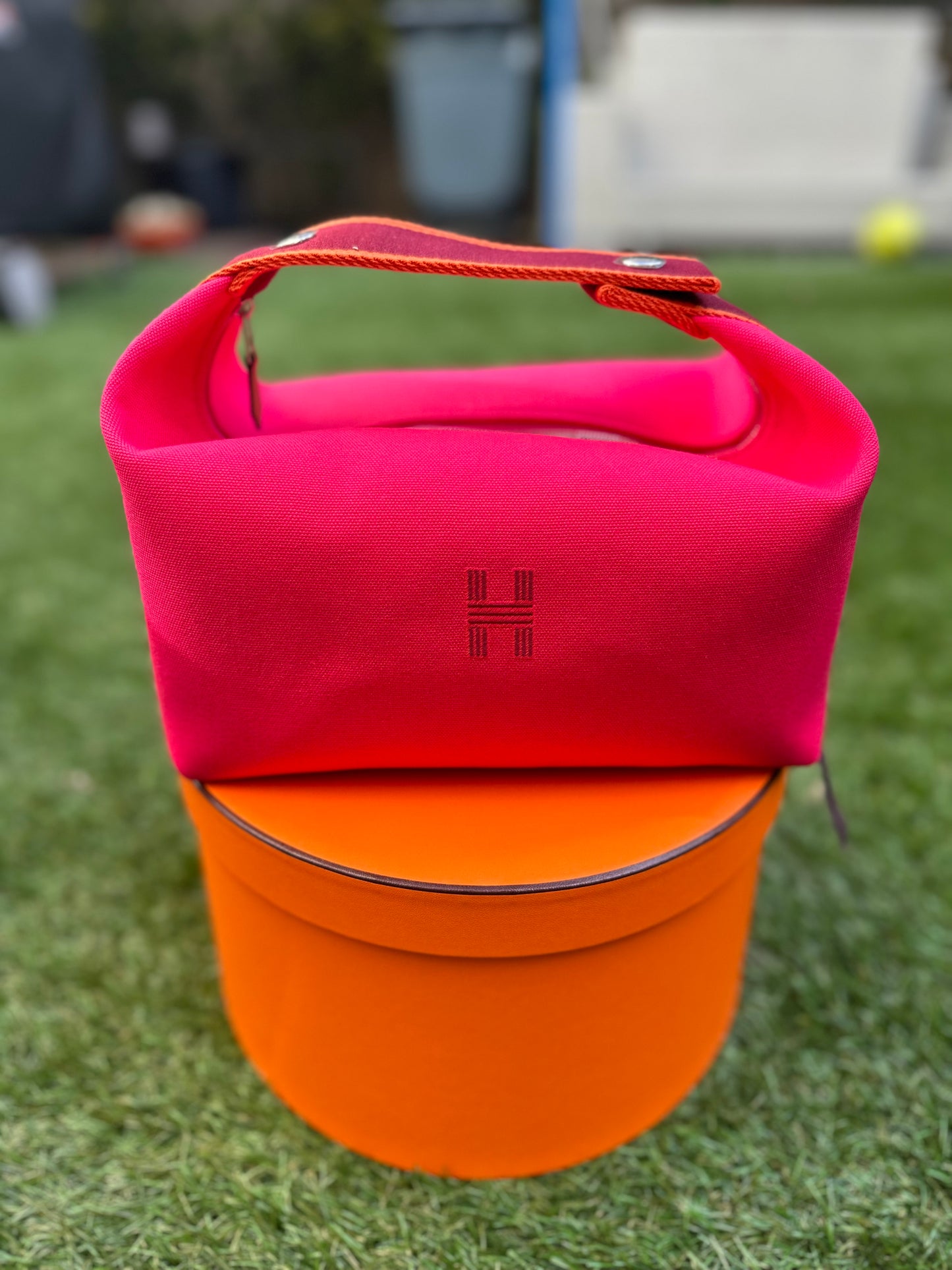 Hermes Brid A Black PM Pouch Hibiscus Pink Cotton Zipper Toiletry Bag Unisex