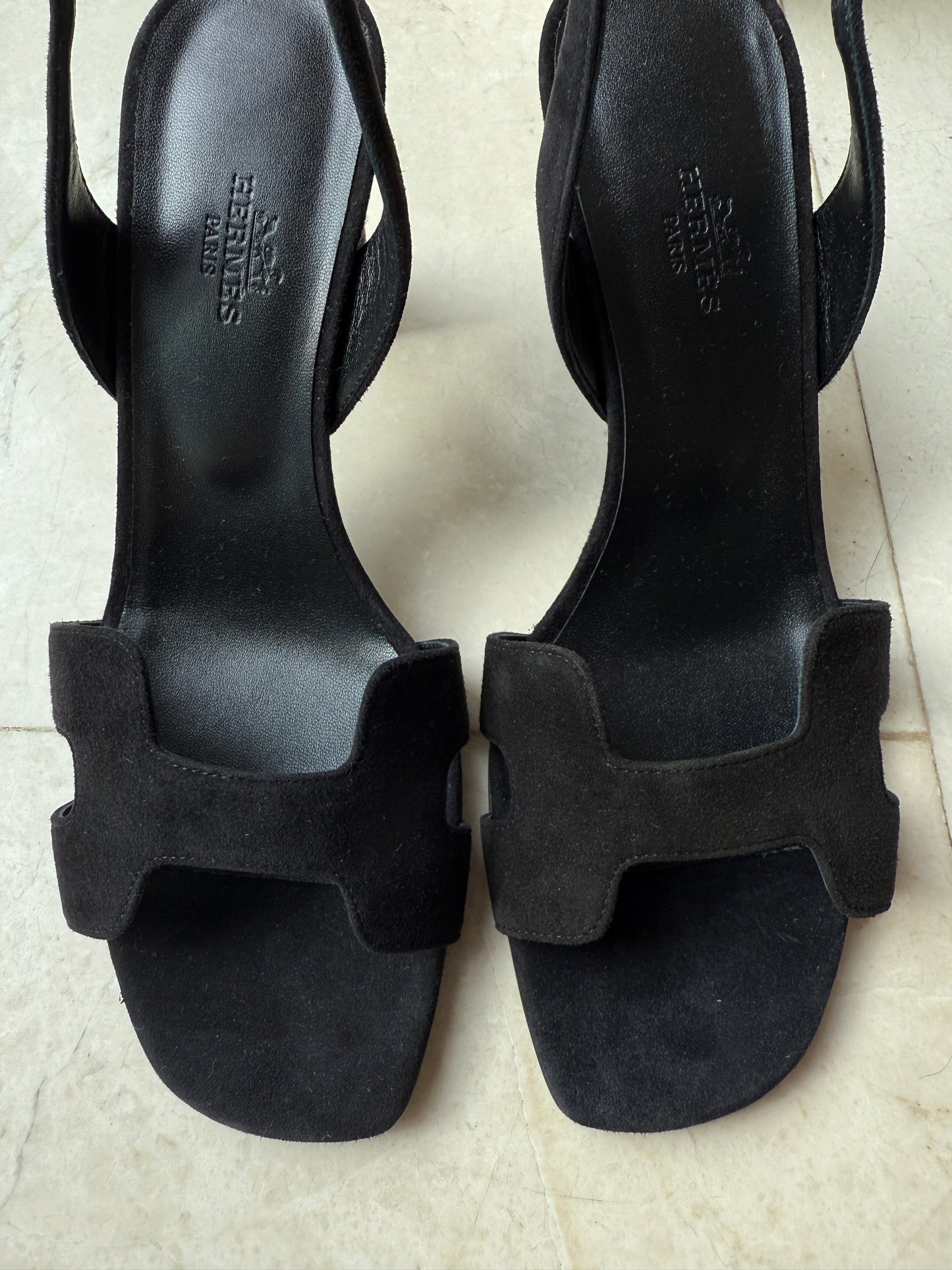 HERMES ETERNITE 80 SANDALS BLACK SUEDE LEATHER HIGH HEELS SLINGBACK SHOES