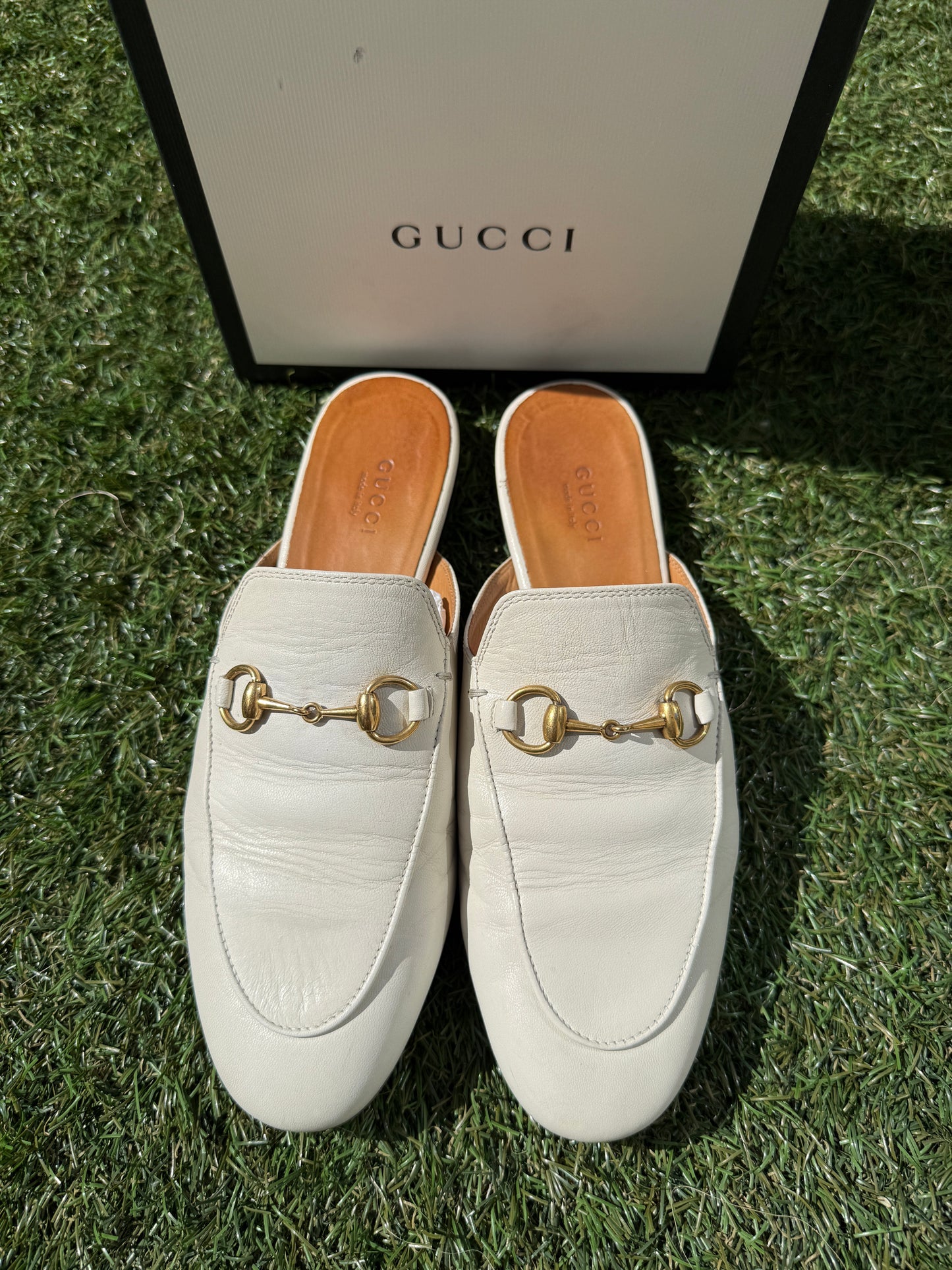 Gucci Princetown Horsebit Logo White Ivory Leather Slippers Mules Slides Pre-Owned