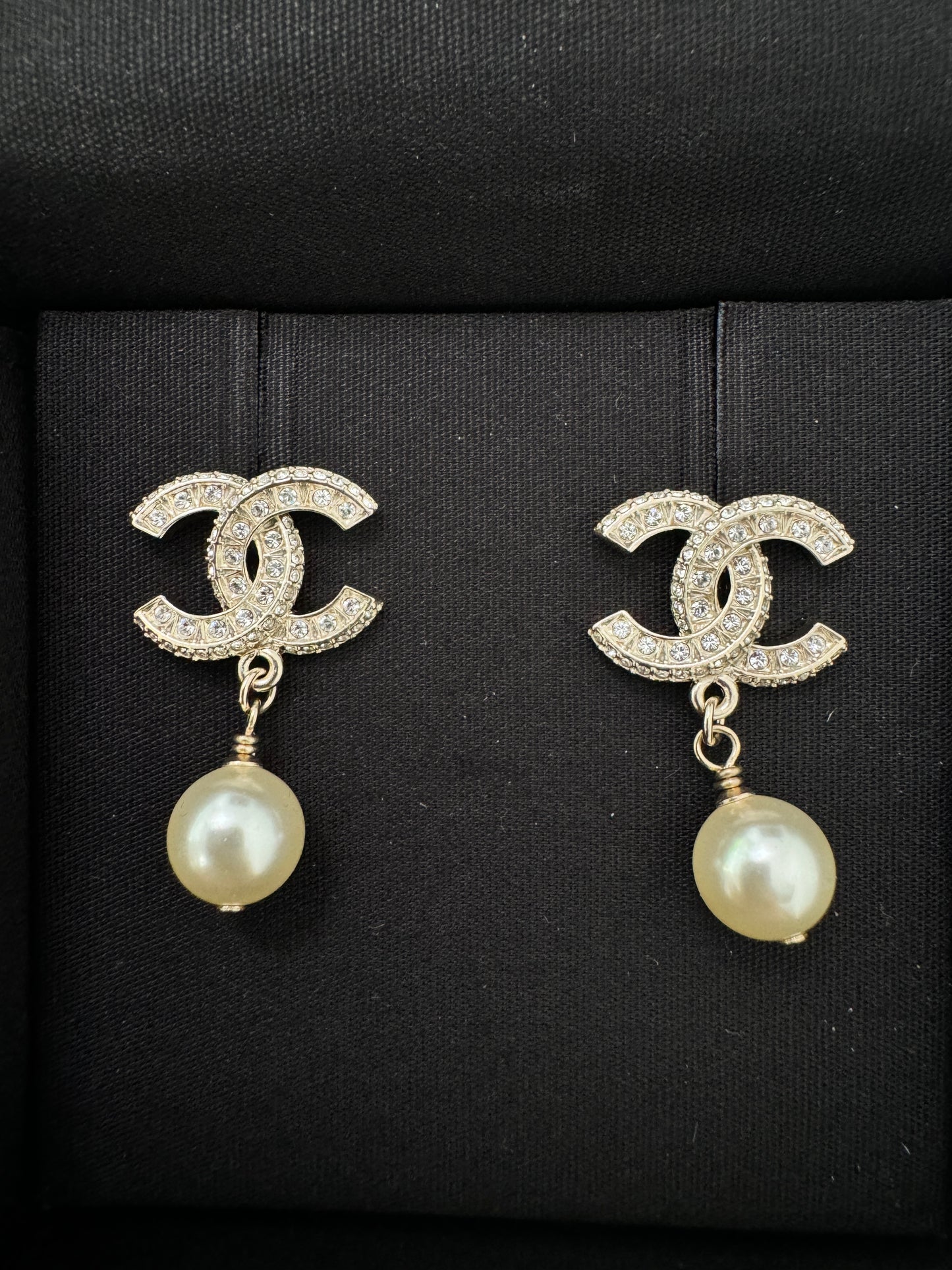 Chanel 23V Strass REV CC Logo Gold Crystal Stud White Pearl Drop Dangle Earrings