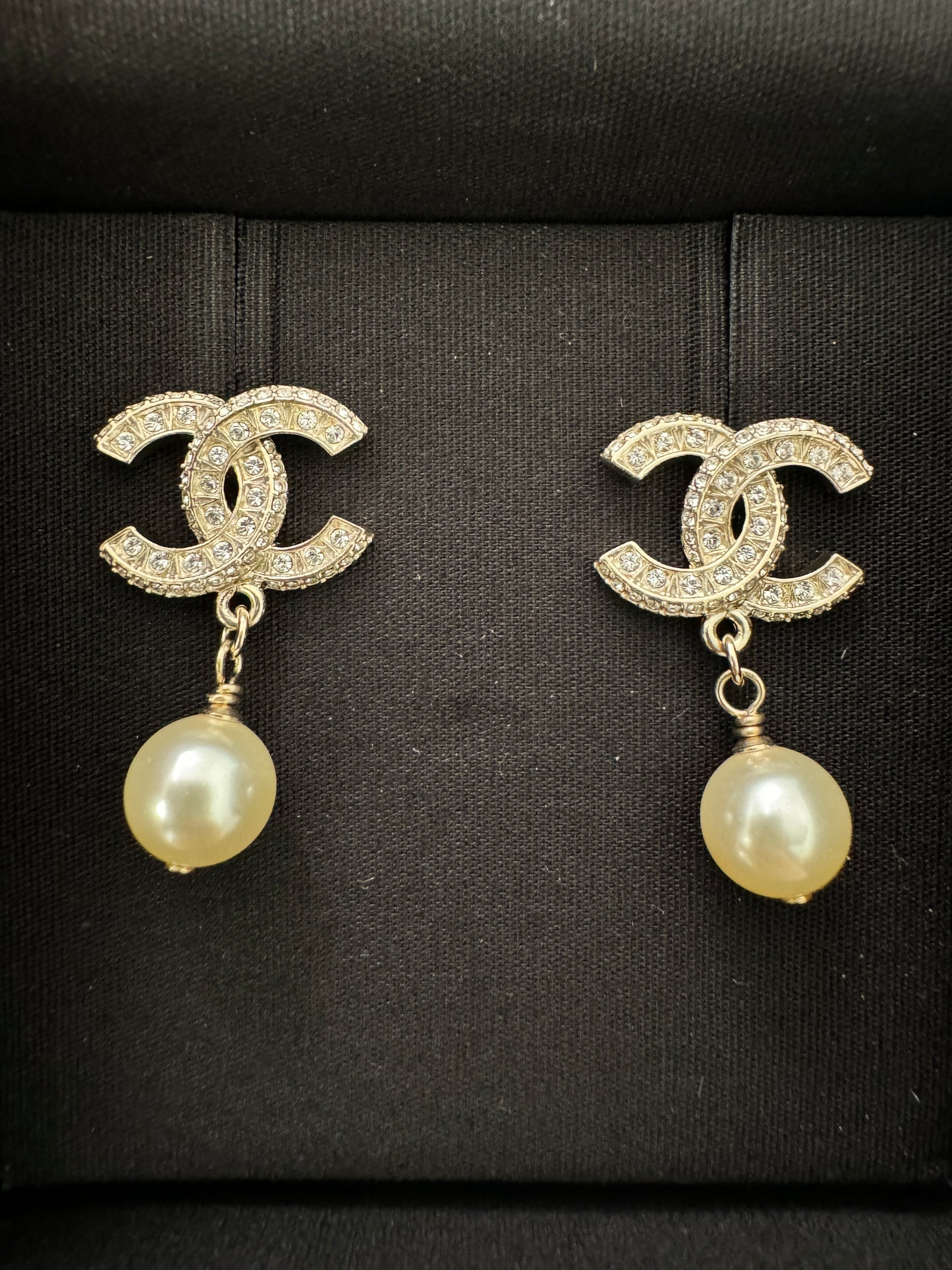 Chanel 23V Strass REV CC Logo Gold Crystal Stud White Pearl Drop Dangle Earrings