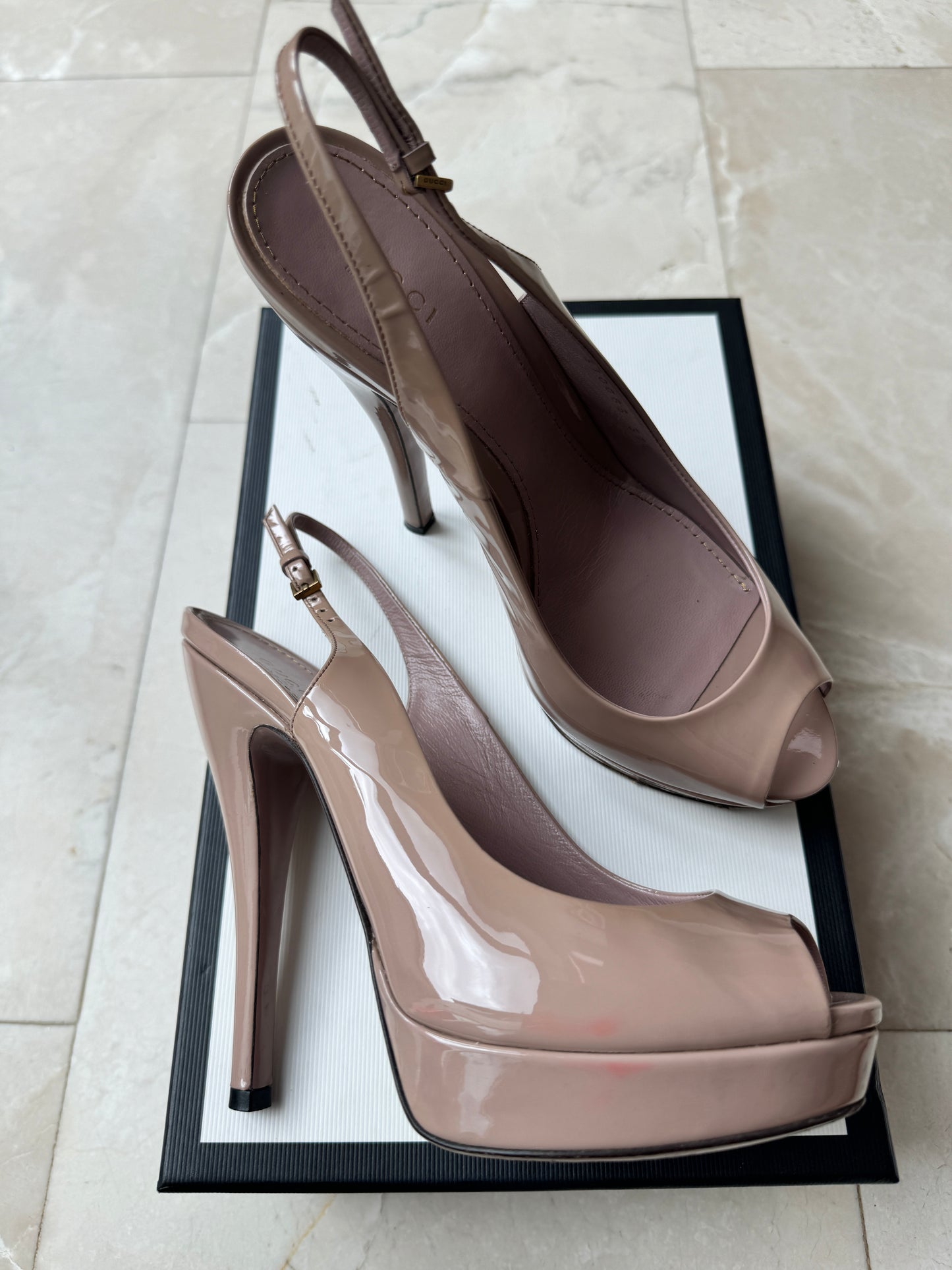 Gucci Pale Pink Blush Patent Leather Peeptoe Slingback Platform Heels Pre-Owned