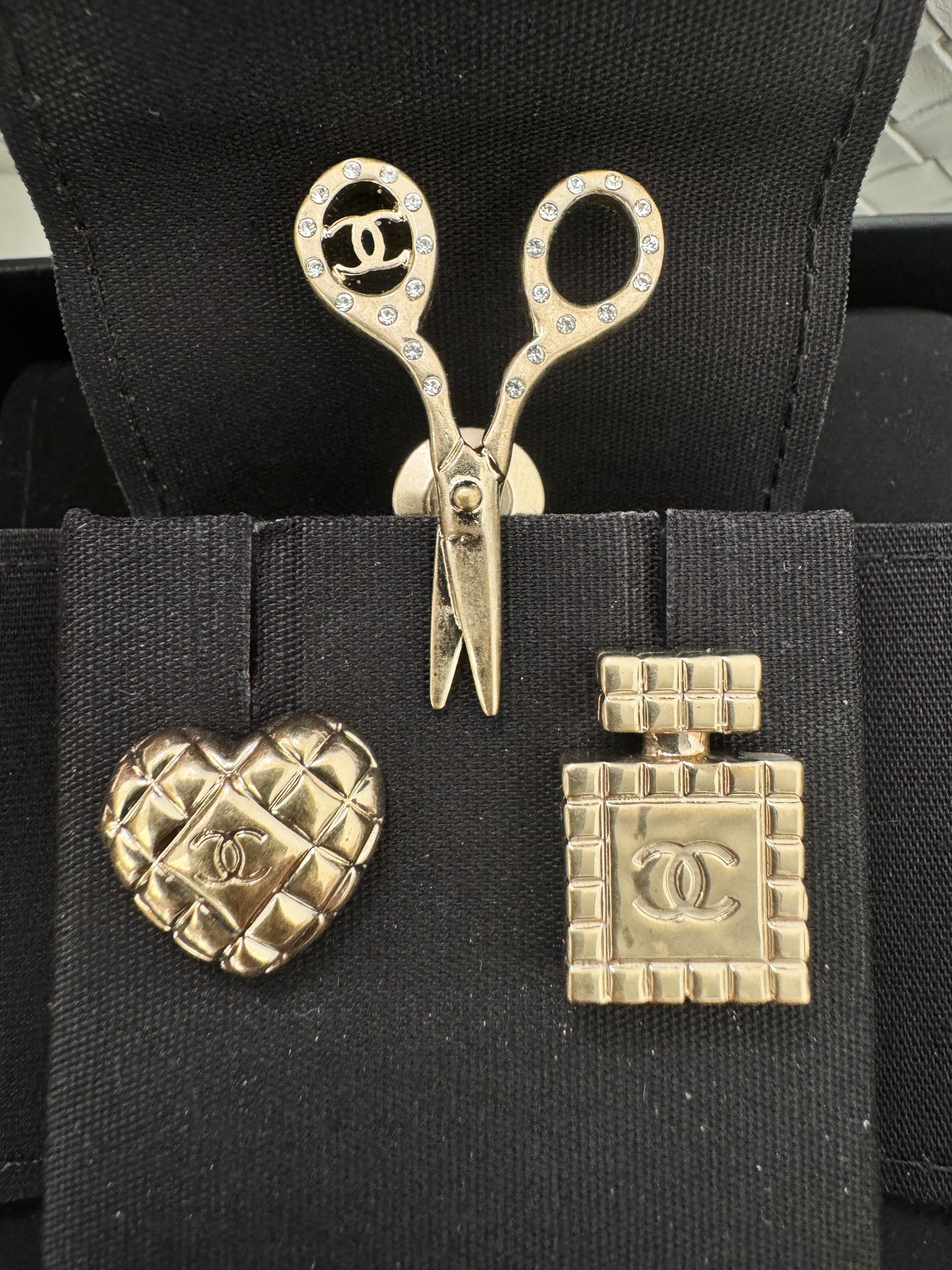 Chanel 22 Metal Crystal Quilted CC Heart Scissors Perfume Brooch 3 Set Gold Pins