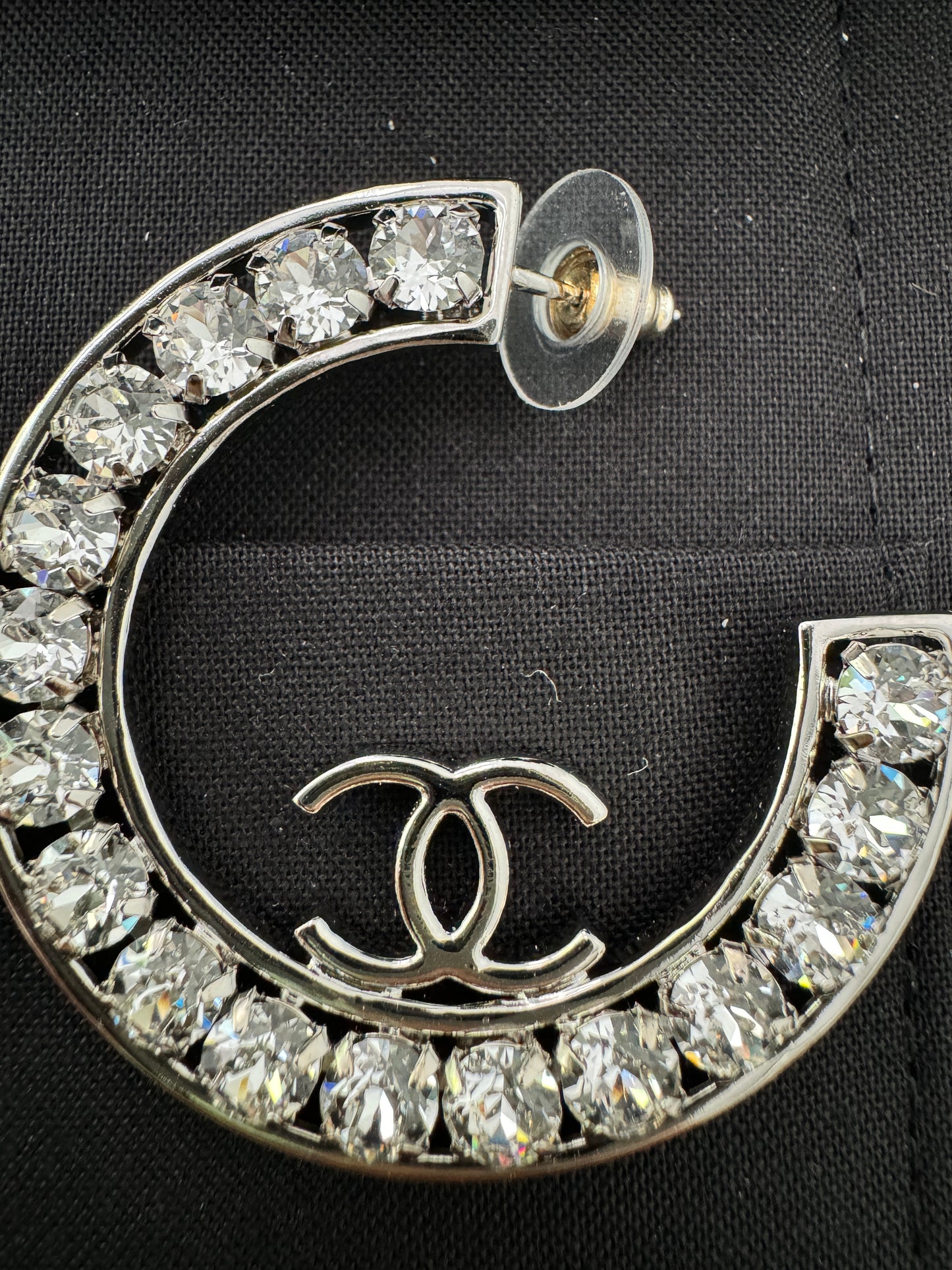 23A CHANEL SILVER CC LOGO LARGE CRYSTALS CRYSTAL METAL XL HOOP HOOPS EARRINGS