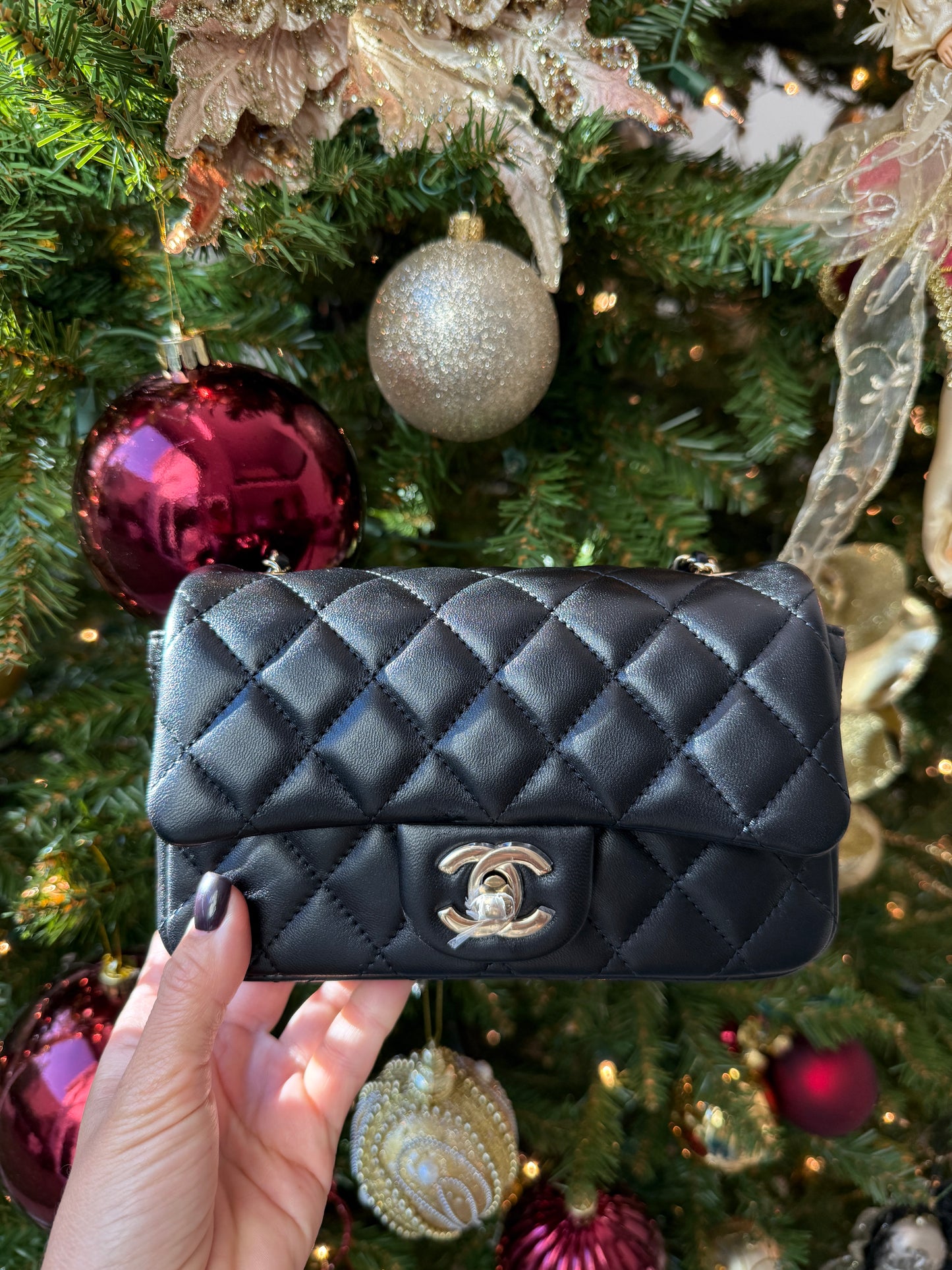 Chanel 2024 Black Lambskin Quilted Extra Mini Flap Champagne HW Chain Bag Purse Sample