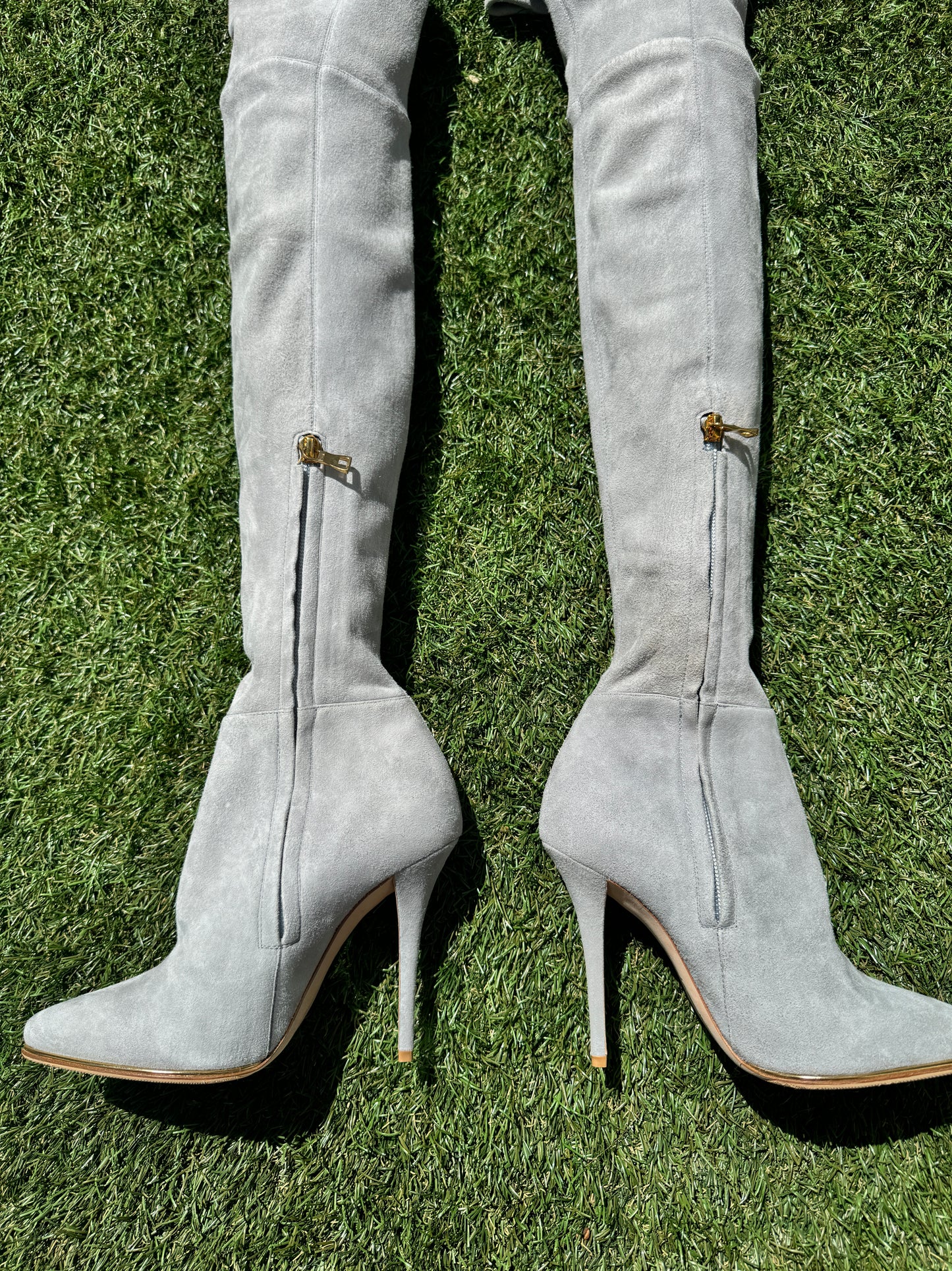 $3K Balmain 110 Catherine Stretch Over The Knee Thigh High Gray Suede Boots