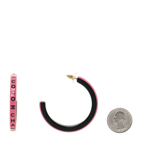 22S CHANEL PINK BLACK RESIN CC LOGO LARGE XL HOOP HOOPS EARRINGS COCO RUNWAY