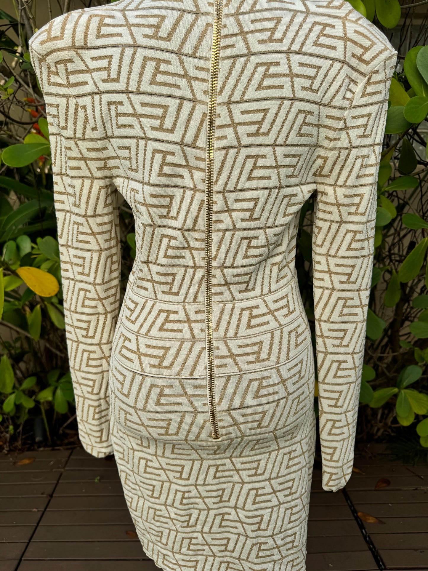 Balmain Natural Beige Gold V-neck Monogram Knitted Jacquard Mini Dress Pre-Owned