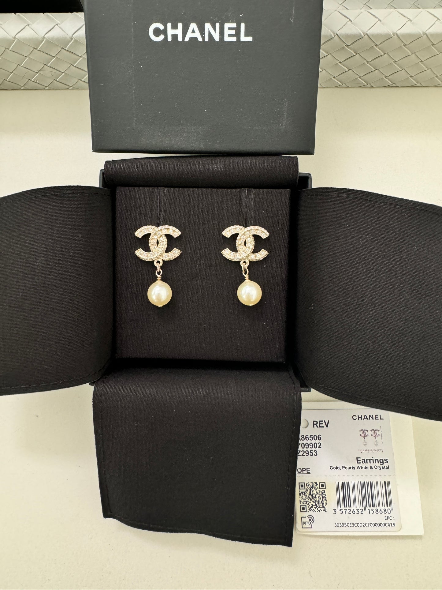 Chanel 23V Strass REV CC Logo Gold Crystal Stud White Pearl Drop Dangle Earrings