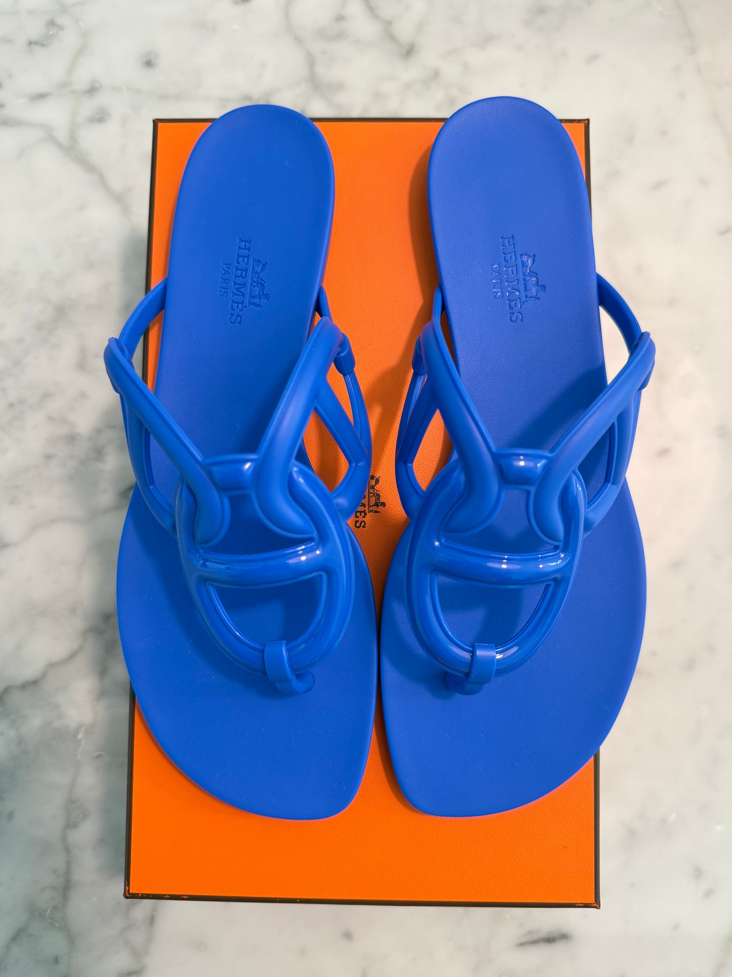 HERMES Egerie Bleu Outremer Chaine d'Ancre Motif Sandal TPU Jelly Slides