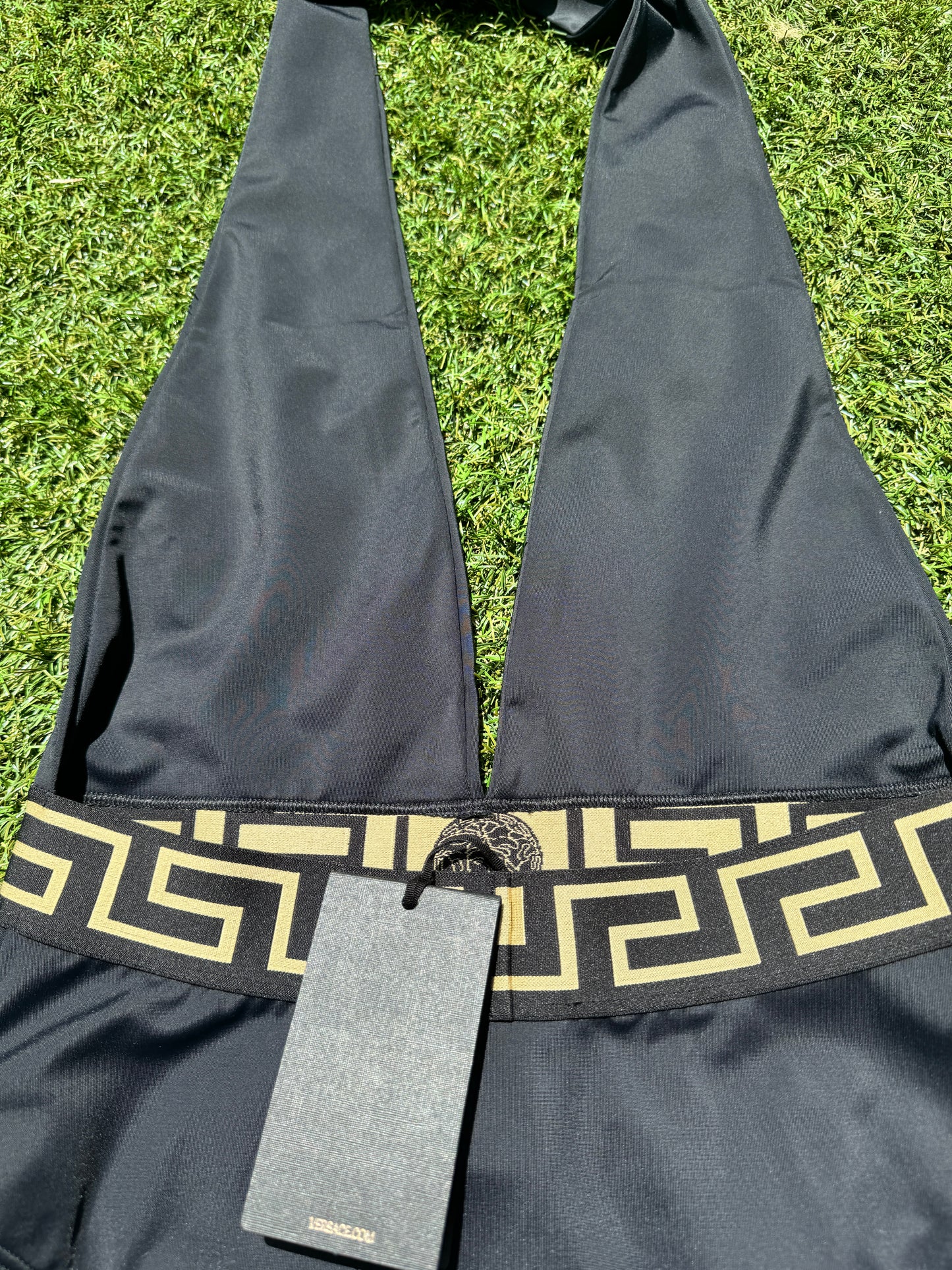 Versace Greca Border Halterneck Black Nero Gold Plunge Open One Piece Swimsuit