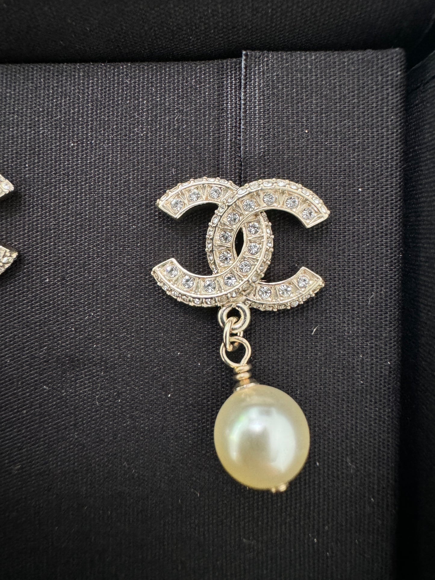 Chanel 23V Strass REV CC Logo Gold Crystal Stud White Pearl Drop Dangle Earrings