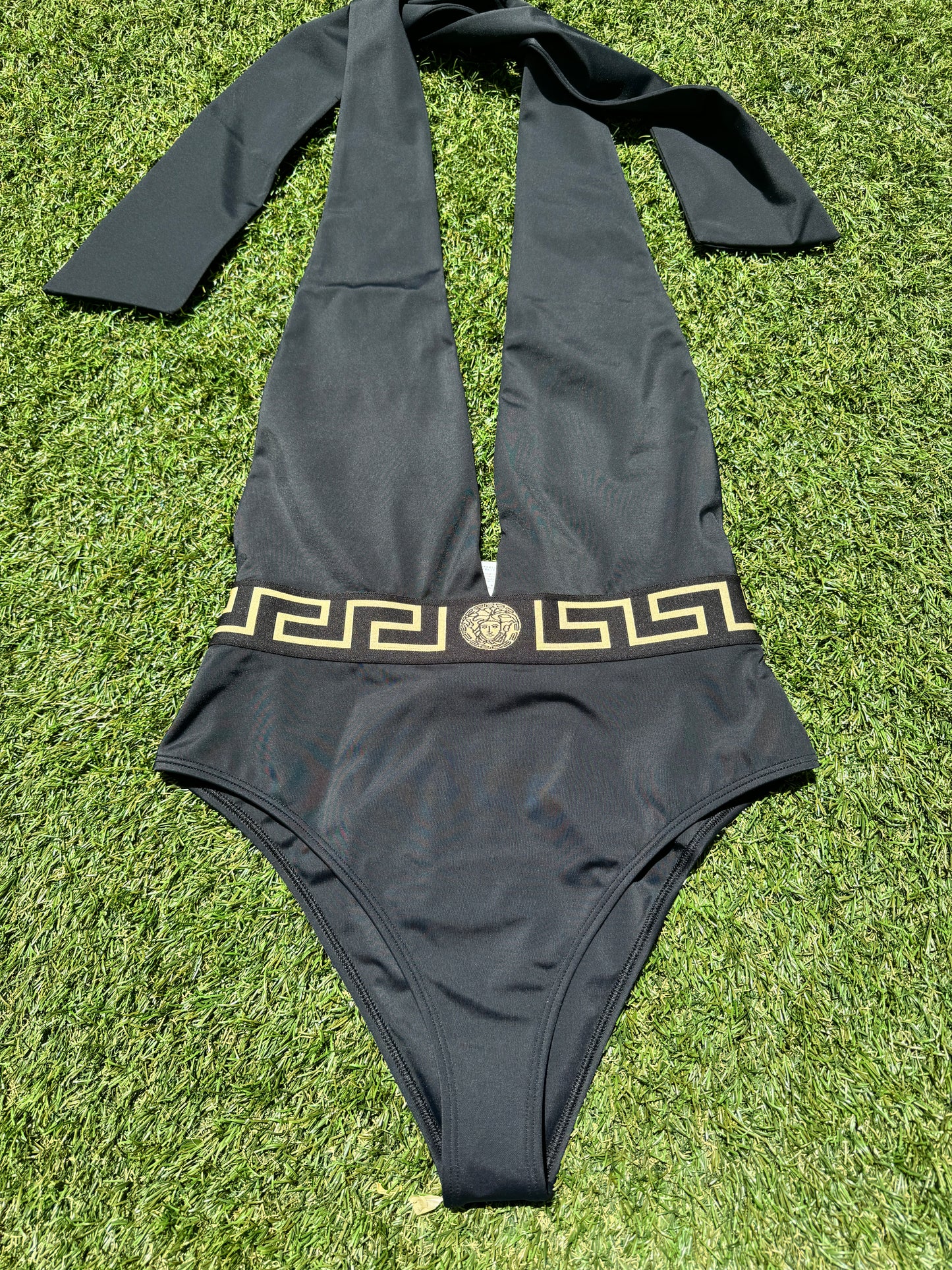 Versace Greca Border Halterneck Black Nero Gold Plunge Open One Piece Swimsuit