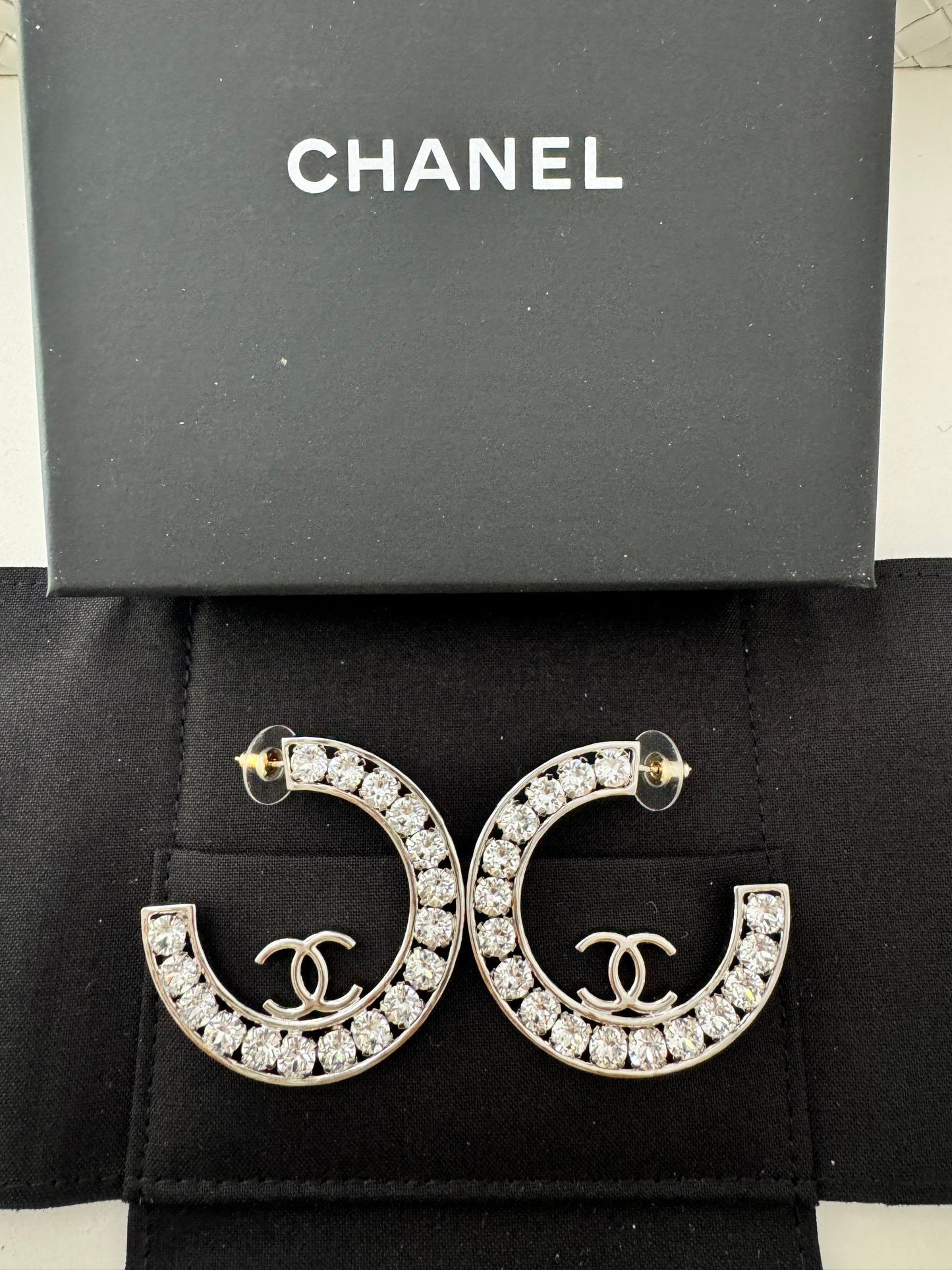 23A CHANEL SILVER CC LOGO LARGE CRYSTALS CRYSTAL METAL XL HOOP HOOPS EARRINGS