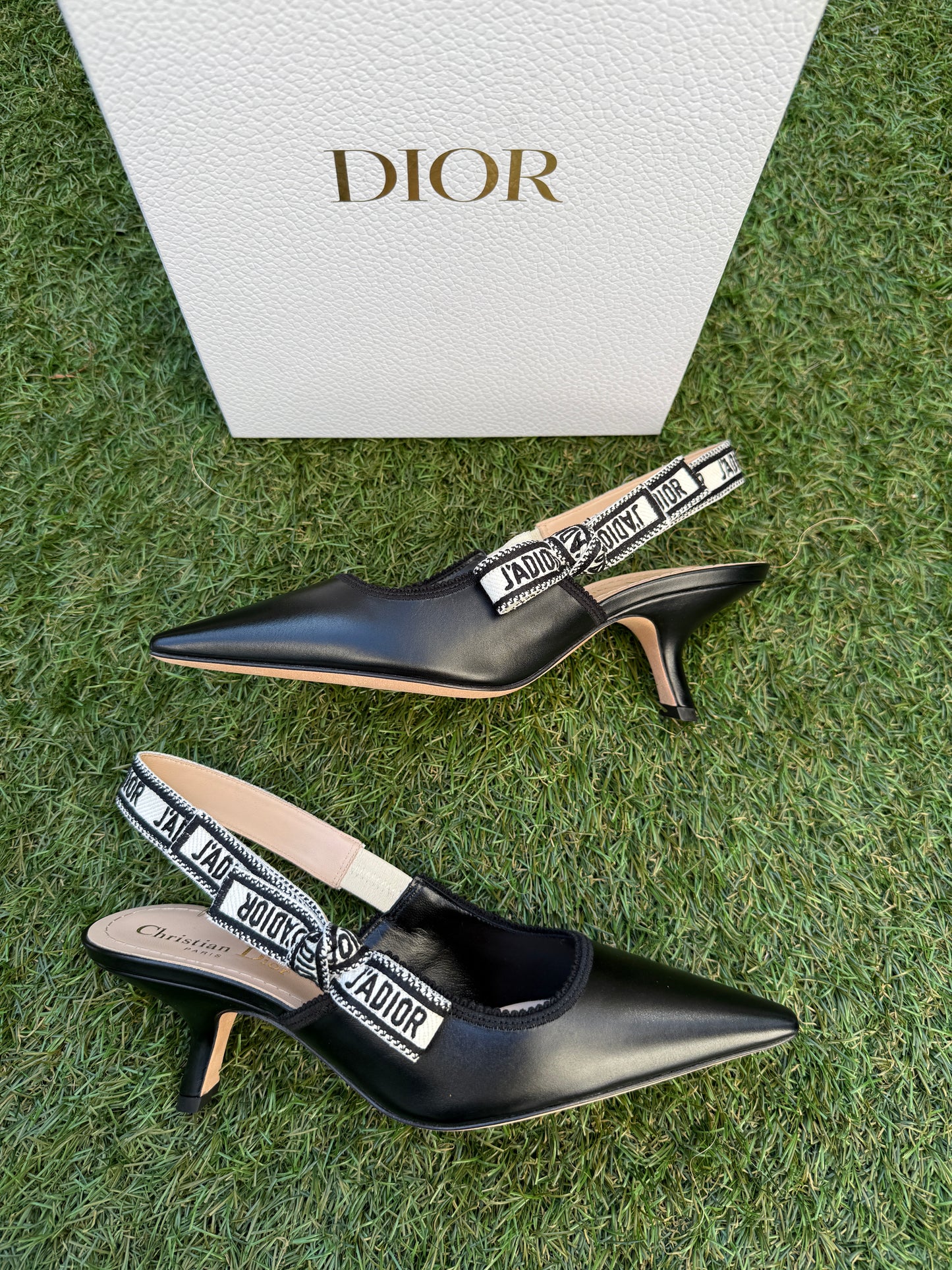 CHRISTIAN DIOR J'ADIOR BLACK CALFSKIN LEATHER SHOES SLINGBACKS KITTEN HEEL