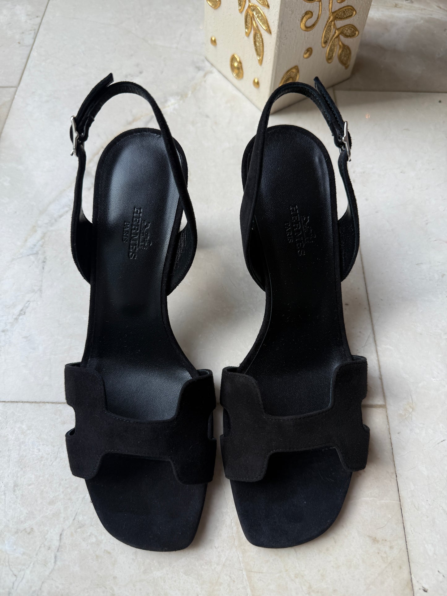 HERMES ETERNITE 80 SANDALS BLACK SUEDE LEATHER HIGH HEELS SLINGBACK SHOES