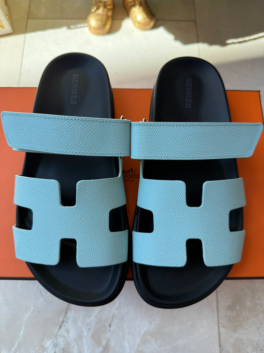 HERMES H CHYPRE BLUE BLEU CRISTAUX EPSOM LEATHER SANDALS SHOES FLAT SLIDES