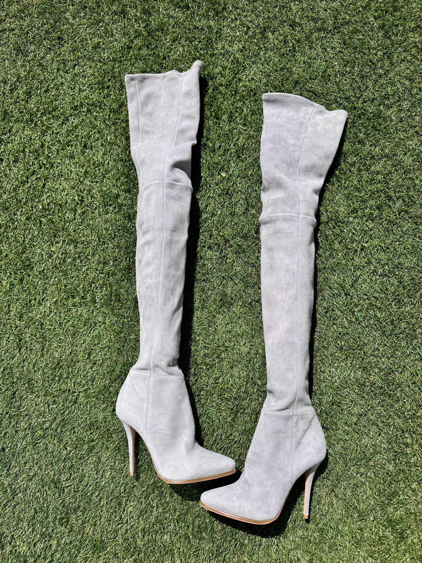 $3K Balmain 110 Catherine Stretch Over The Knee Thigh High Gray Suede Boots