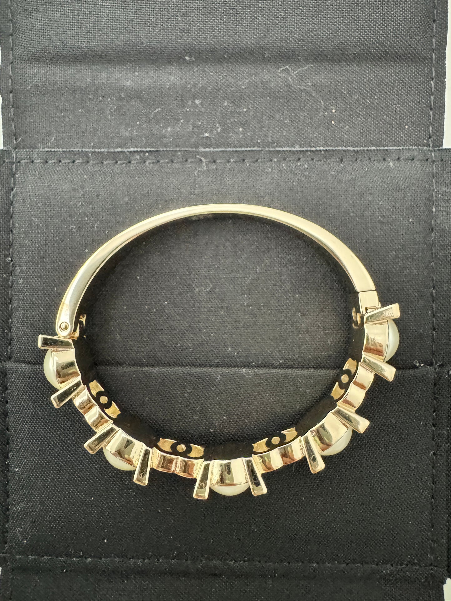 CHANEL B21 GOLD TONE METAL CUFF CC LOGO LARGE PEARLS CRYSTALS BANGLE BRACELET