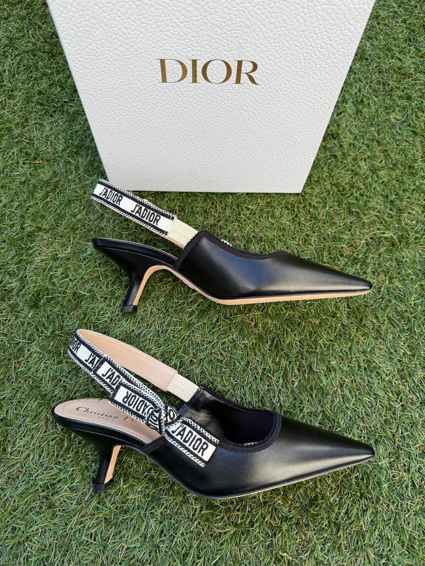 CHRISTIAN DIOR J'ADIOR BLACK CALFSKIN LEATHER SHOES SLINGBACKS KITTEN HEEL