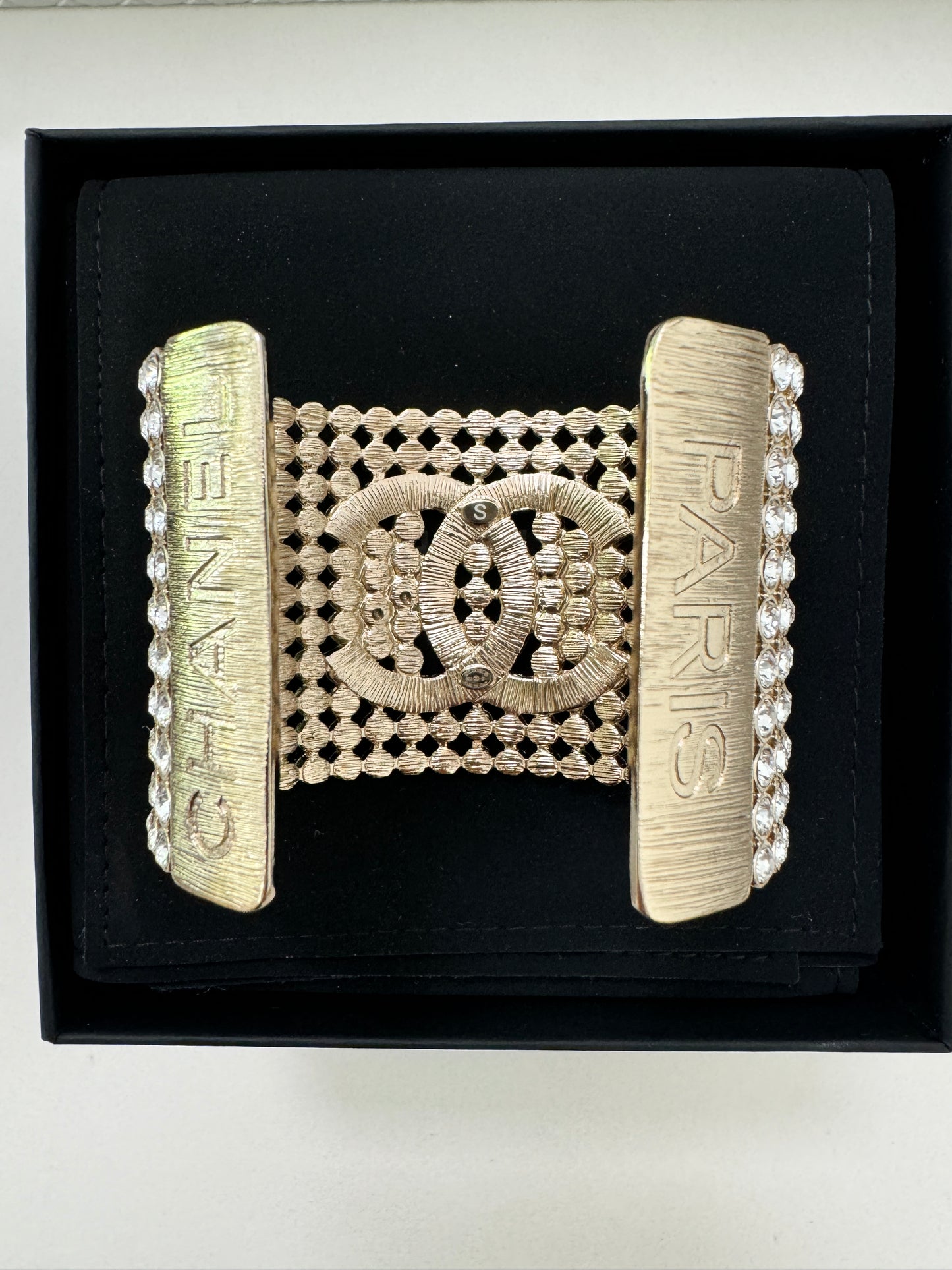 CHANEL 23S GOLD TONE CRYSTAL STRASS METAL CUFF CC LOGO BANGLE BRACELET SMALL S