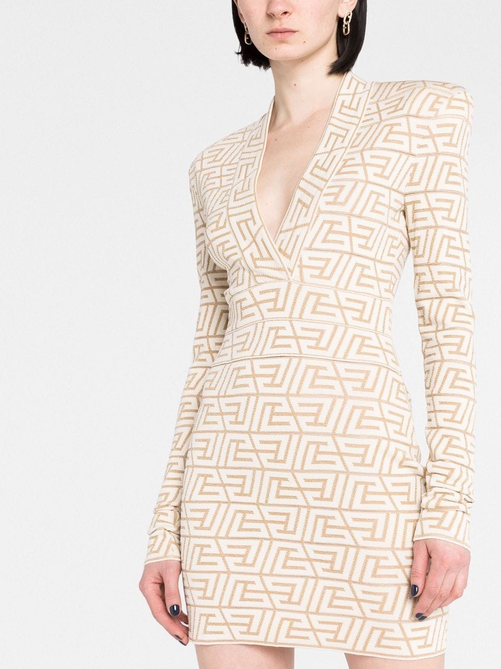 Balmain Natural Beige Gold V-neck Monogram Knitted Jacquard Mini Dress Pre-Owned