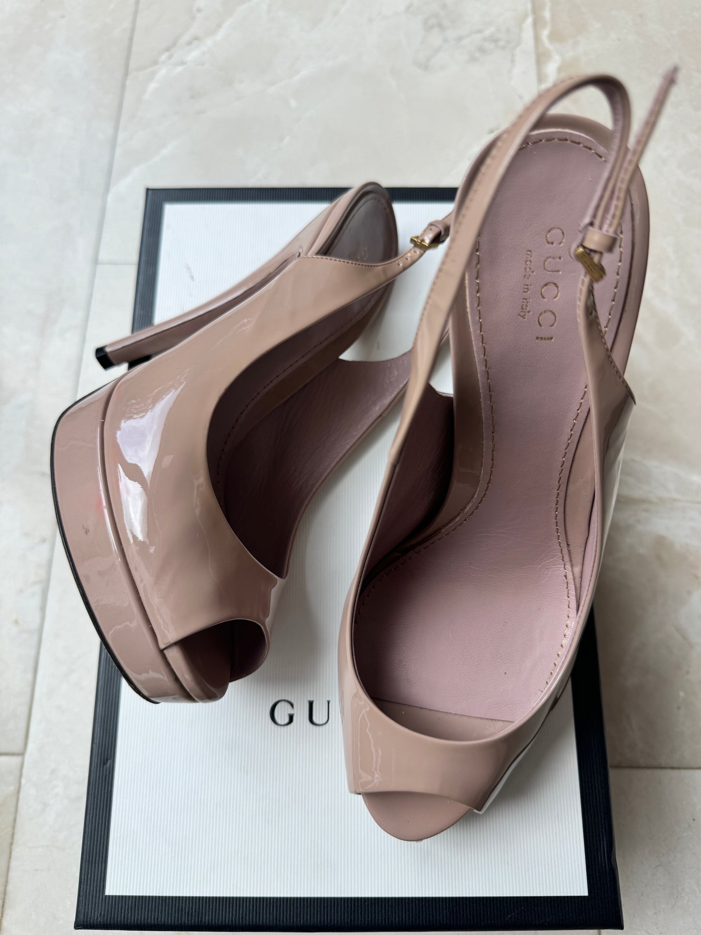 Gucci Pale Pink Blush Patent Leather Peeptoe Slingback Platform Heels Pre-Owned