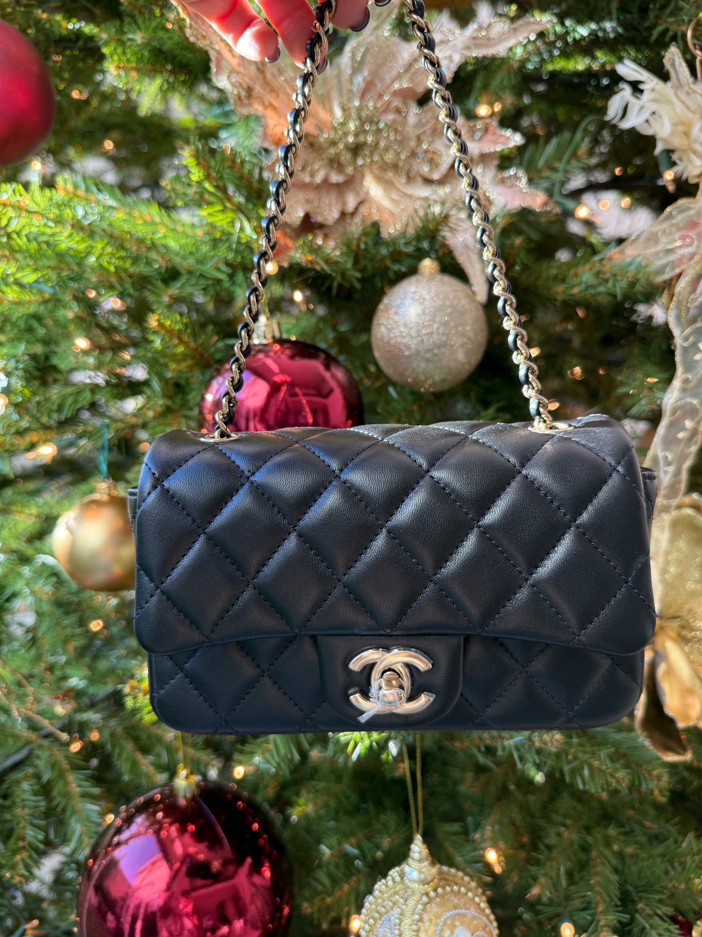 Chanel 2024 Black Lambskin Quilted Extra Mini Flap Champagne HW Chain Bag Purse Sample