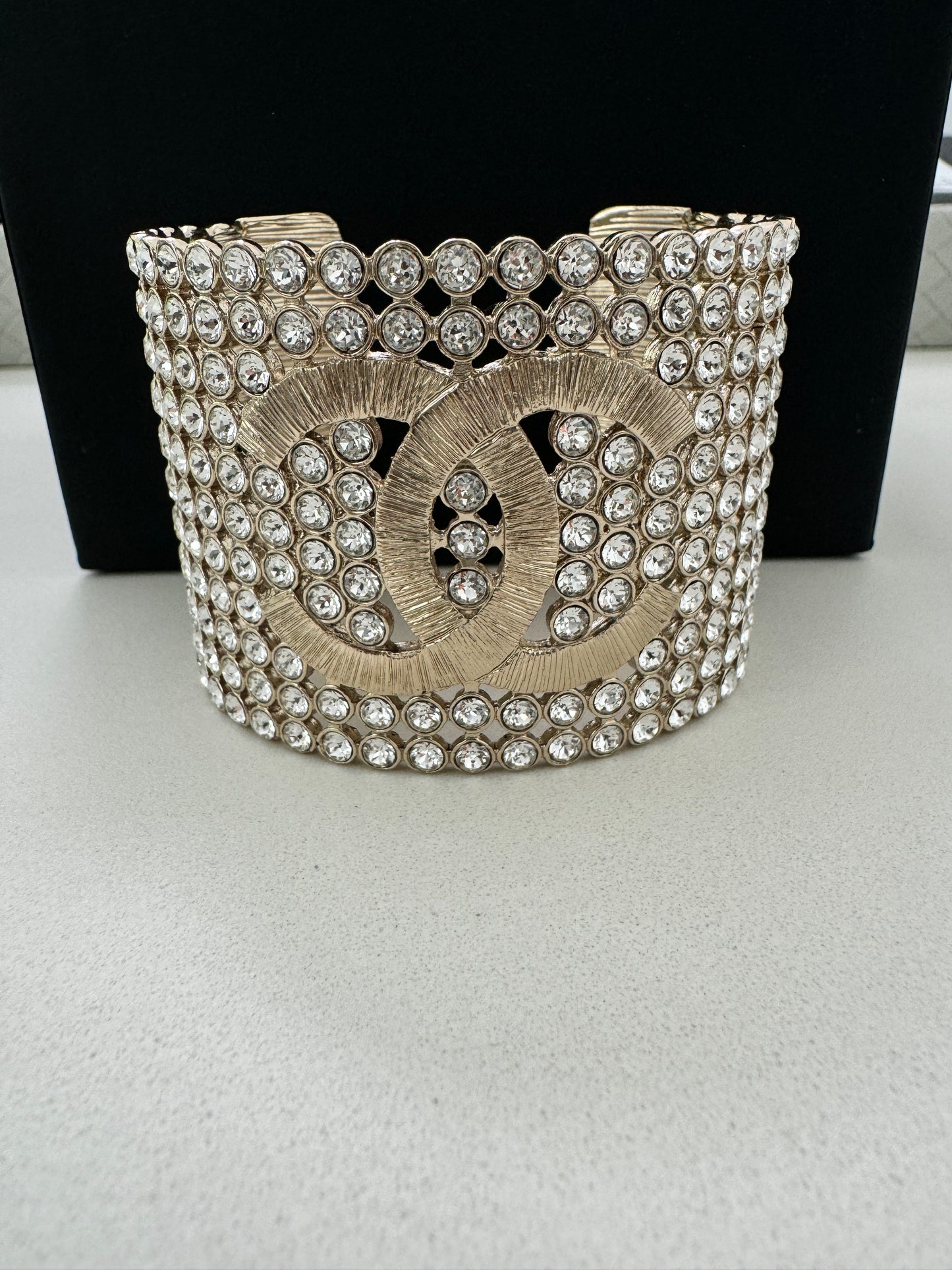 CHANEL 23S GOLD TONE CRYSTAL STRASS METAL CUFF CC LOGO BANGLE BRACELET SMALL S