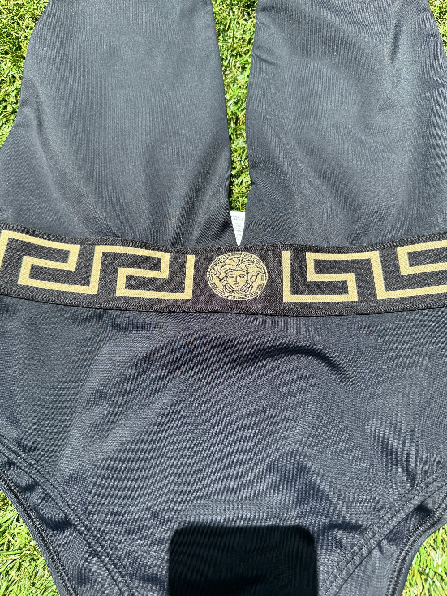 Versace Greca Border Halterneck Black Nero Gold Plunge Open One Piece Swimsuit