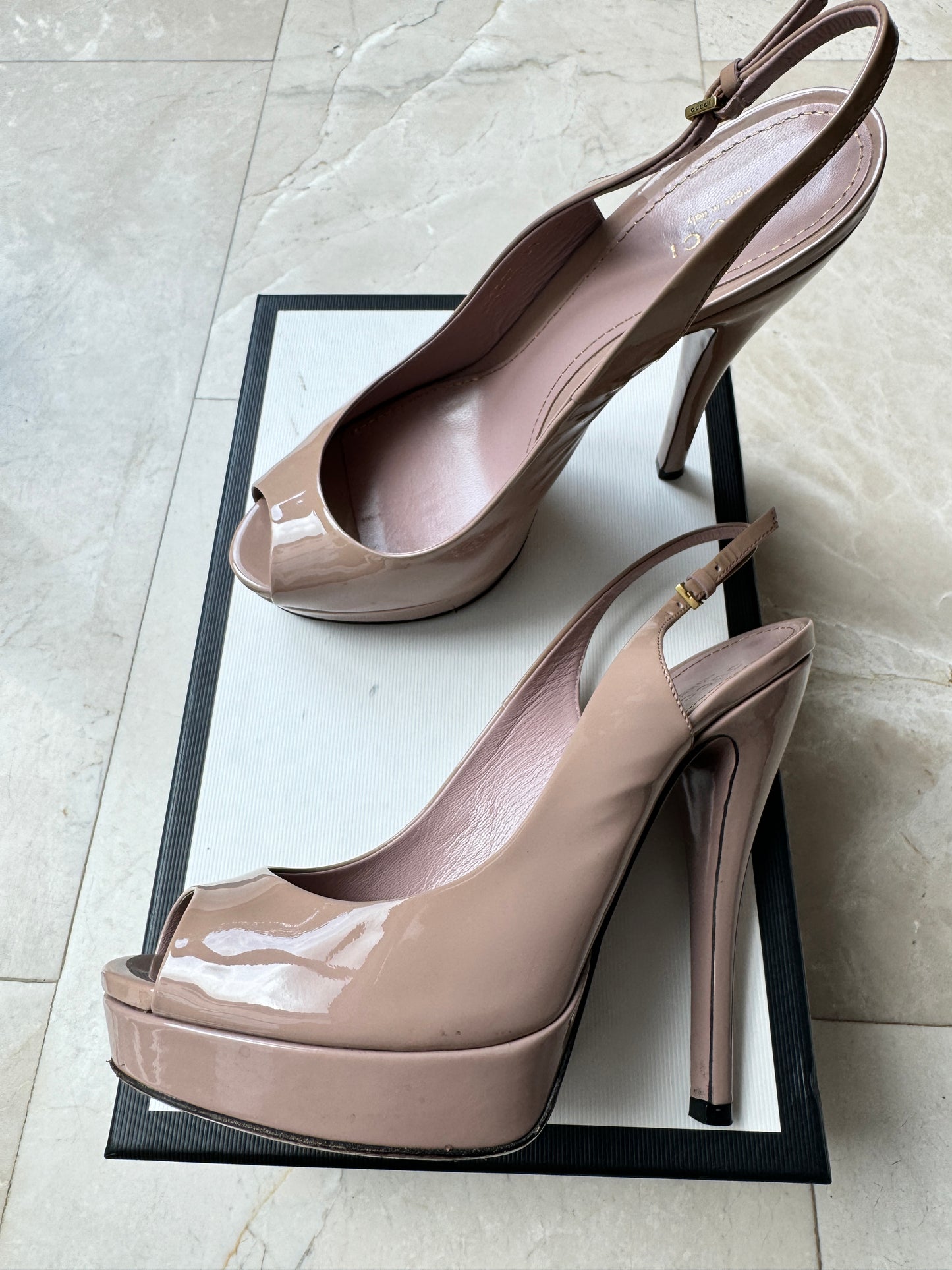 Gucci Pale Pink Blush Patent Leather Peeptoe Slingback Platform Heels Pre-Owned