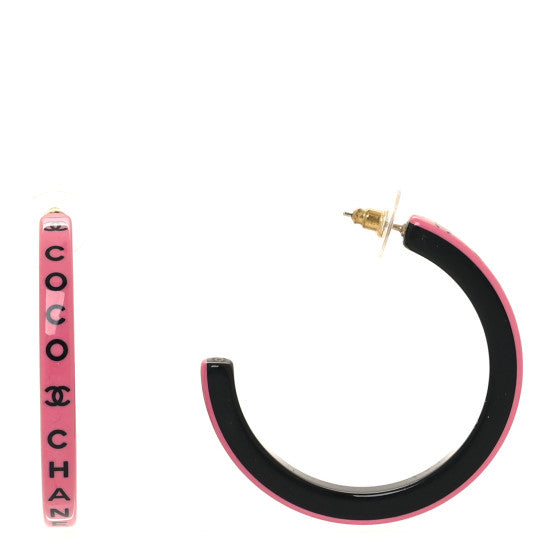 22S CHANEL PINK BLACK RESIN CC LOGO LARGE XL HOOP HOOPS EARRINGS COCO RUNWAY