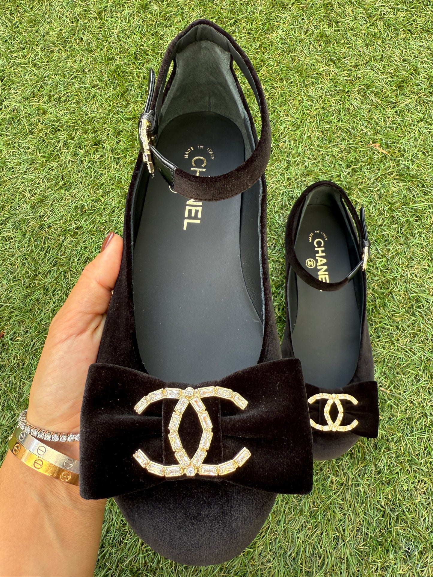 CHANEL GOLD CC LOGO BLACK VELVET BOW WITH CRYSTALS CC LOGO MARY JANE BALLET FLATS