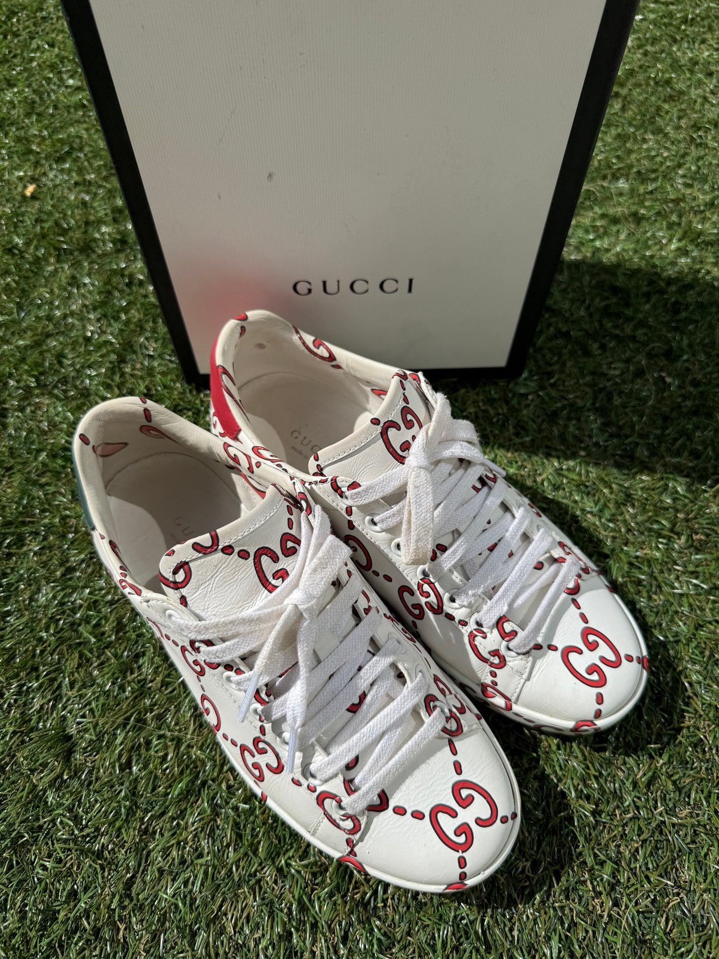 Gucci Ace Ghost GG Print Logo Monogram Red White Green Sneakers Pre-Owned