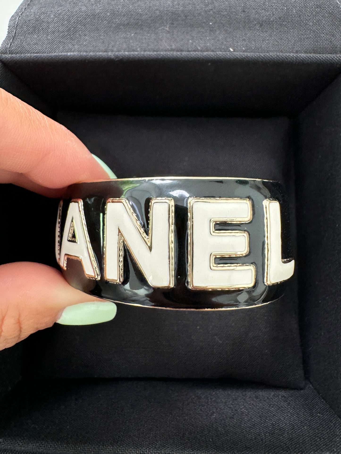 CHANEL 22A ENAMEL BLACK WHITE GOLD  METAL CUFF LOGO LARGE BANGLE BRACELET SMALL