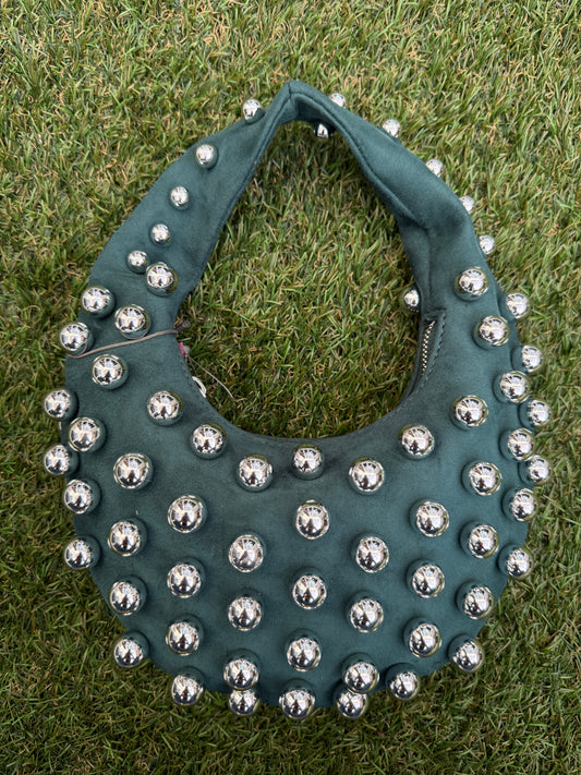 Vince Camuto Aleck Silver Studded Shoulder Bag In Malachite Green Faux Suede Handbag Clutch