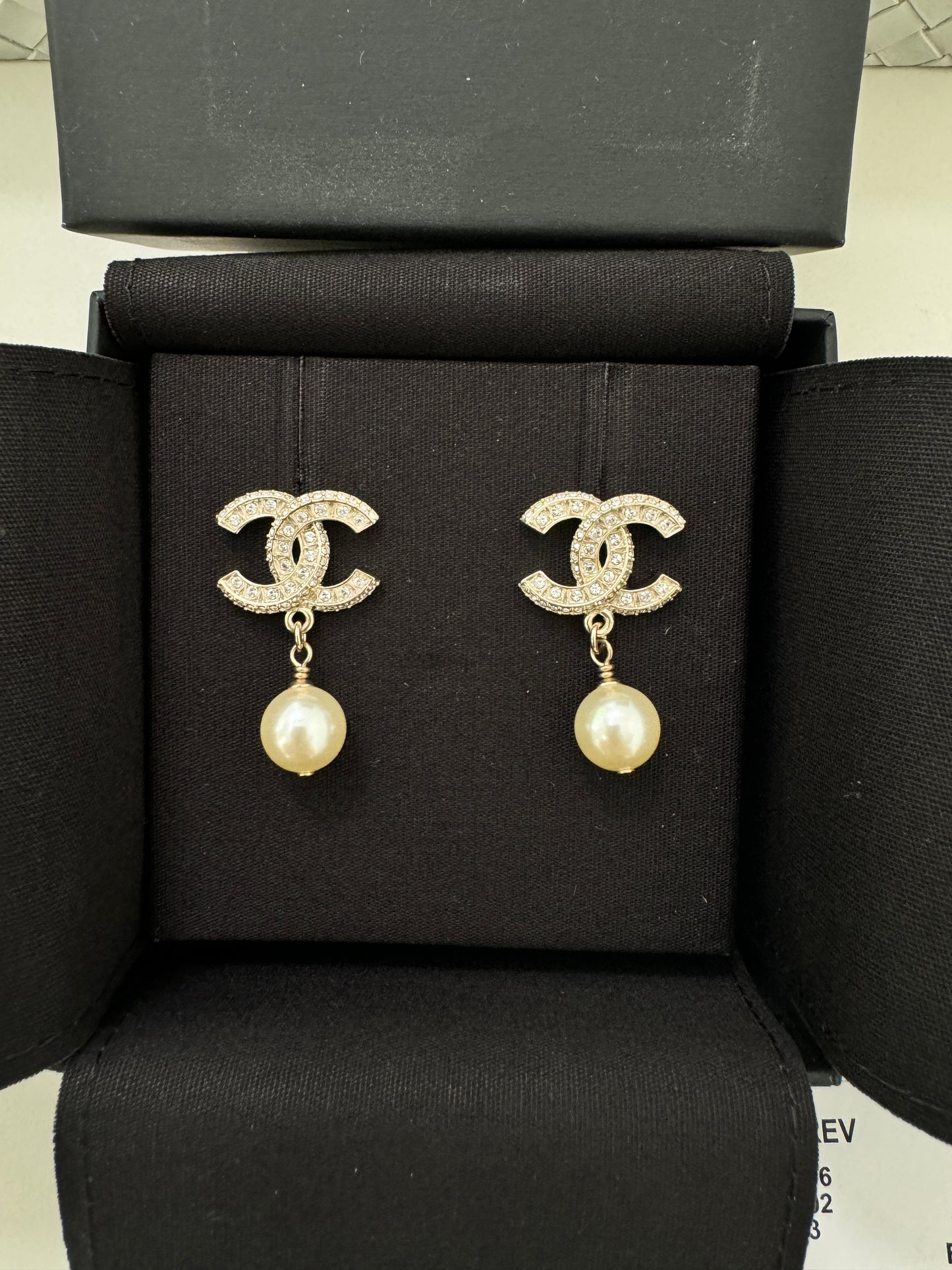 Chanel 23V Strass REV CC Logo Gold Crystal Stud White Pearl Drop Dangle Earrings