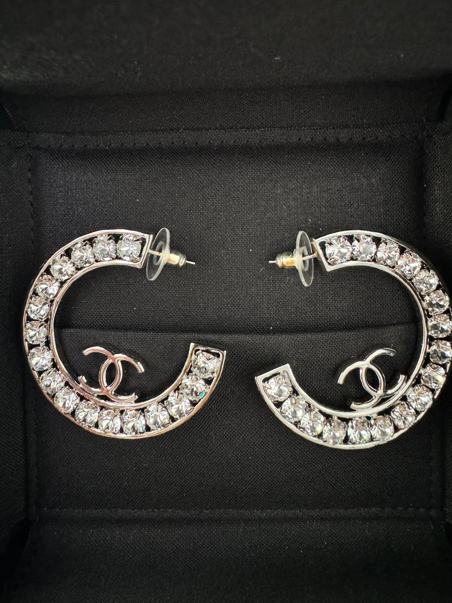 23A CHANEL SILVER CC LOGO LARGE CRYSTALS CRYSTAL METAL XL HOOP HOOPS EARRINGS